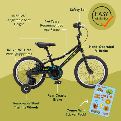 Retrospec Koda Plus Kids Bike for Boys & Girls Ages 4-6 Years - 16" Children's Bicycle, Adjustable Seat & Handlebars, Removable Training Wheels, Front Hand Brakes, Rear Coaster Brake & Safety Bell