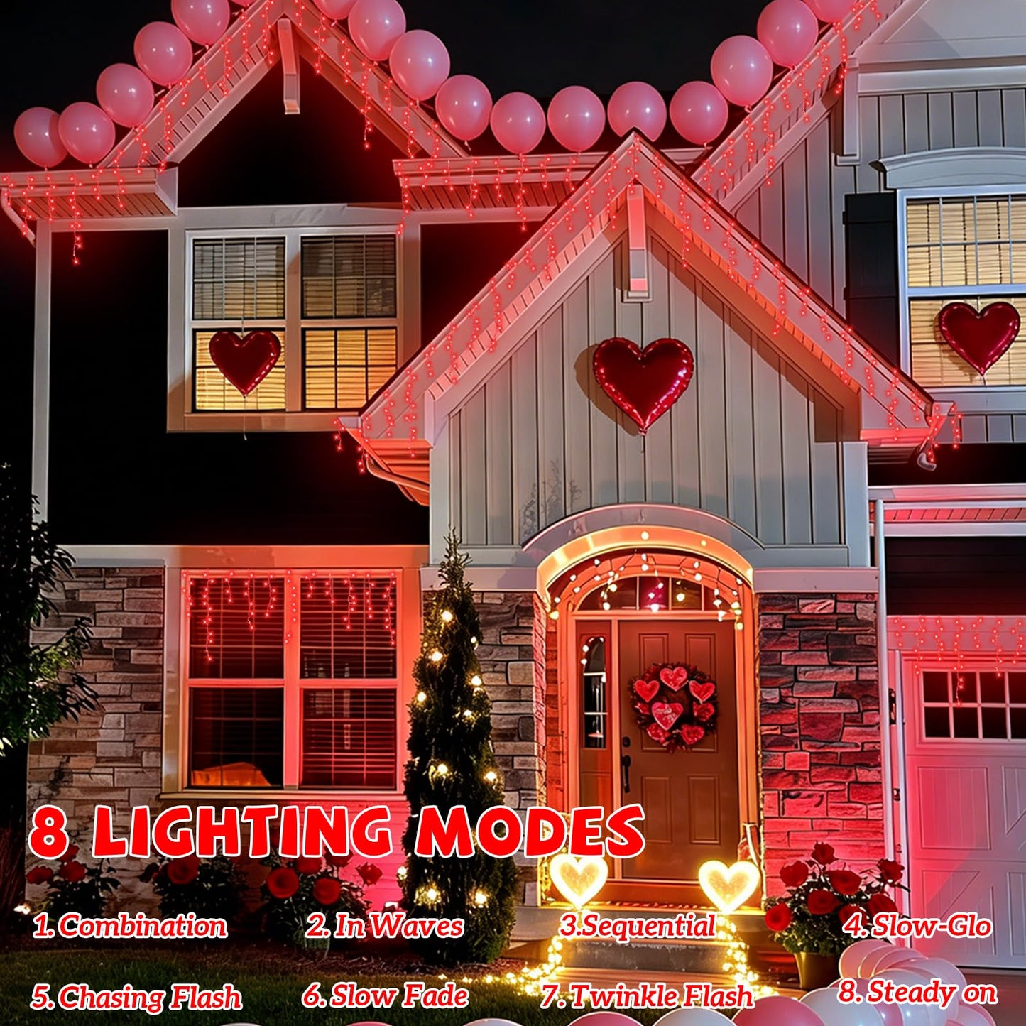 YEGUO 33ft 400 LED Red Icicle Lights for Valentine’s Day, Icicle Christmas Lights with 8 Modes, Connectable Icicle String Lights with Memory Timer