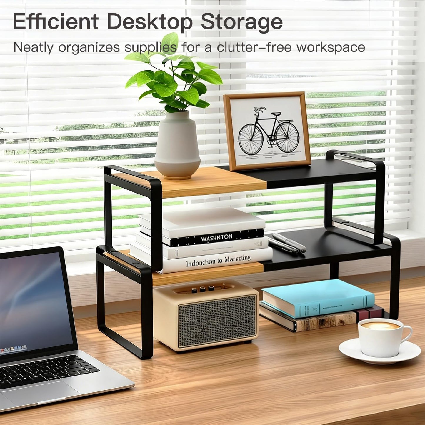 Solcasaco Expandable Desk Shelf Organizer, Sturdy Bamboo Desktop Riser for Monitor, Laptop & Office Storage, Modern Workspace Stand Accessories (Black)