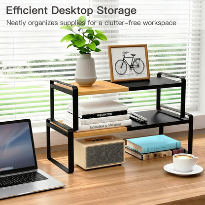 Solcasaco Expandable Desk Shelf Organizer, Sturdy Bamboo Desktop Riser for Monitor, Laptop & Office Storage, Modern Workspace Stand Accessories (Black)