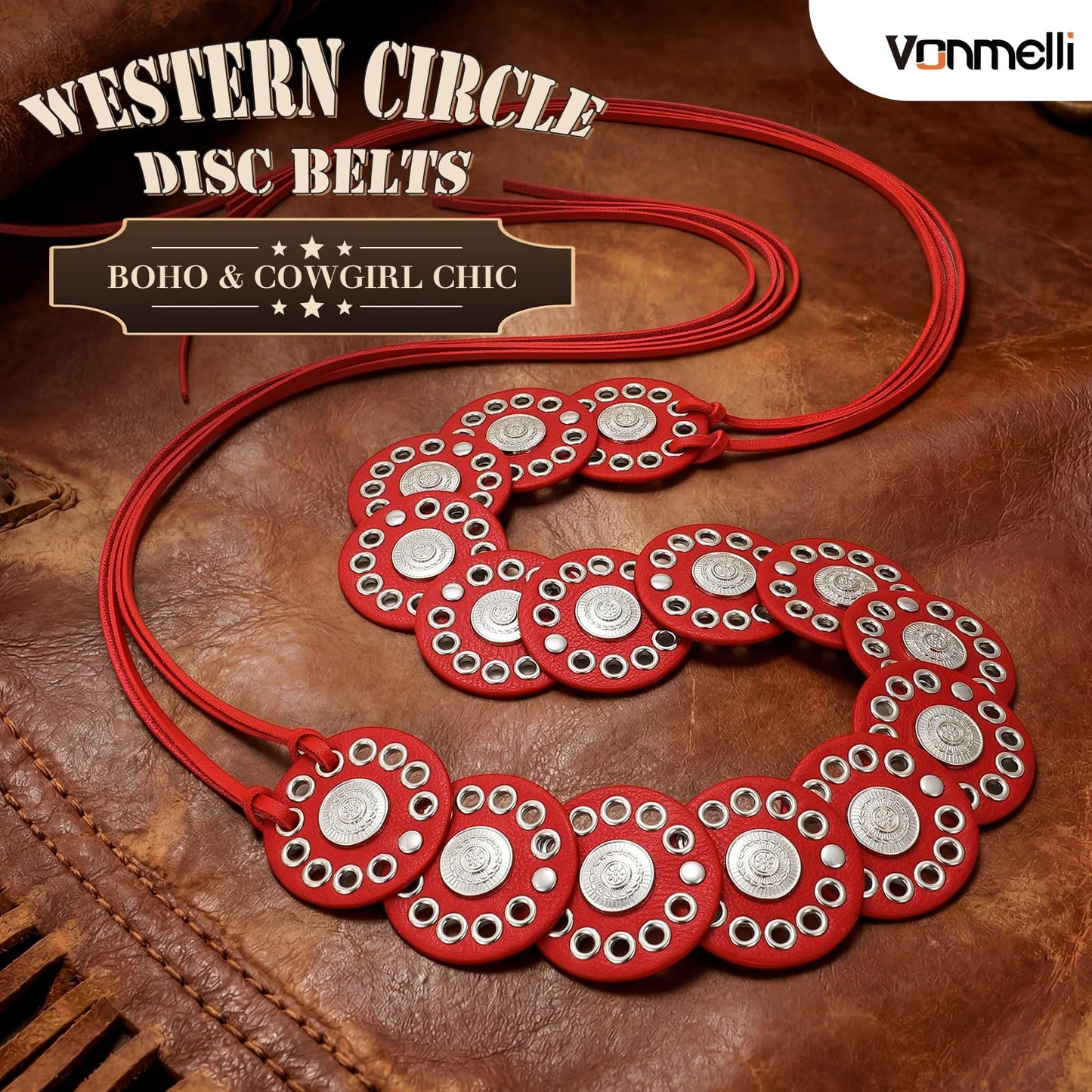 VONMELLI Women's Red Western Belts Wide Disc Concho Belt Cowgirl Boho Country Leather Belt for Dress Jeans Skirt, M
