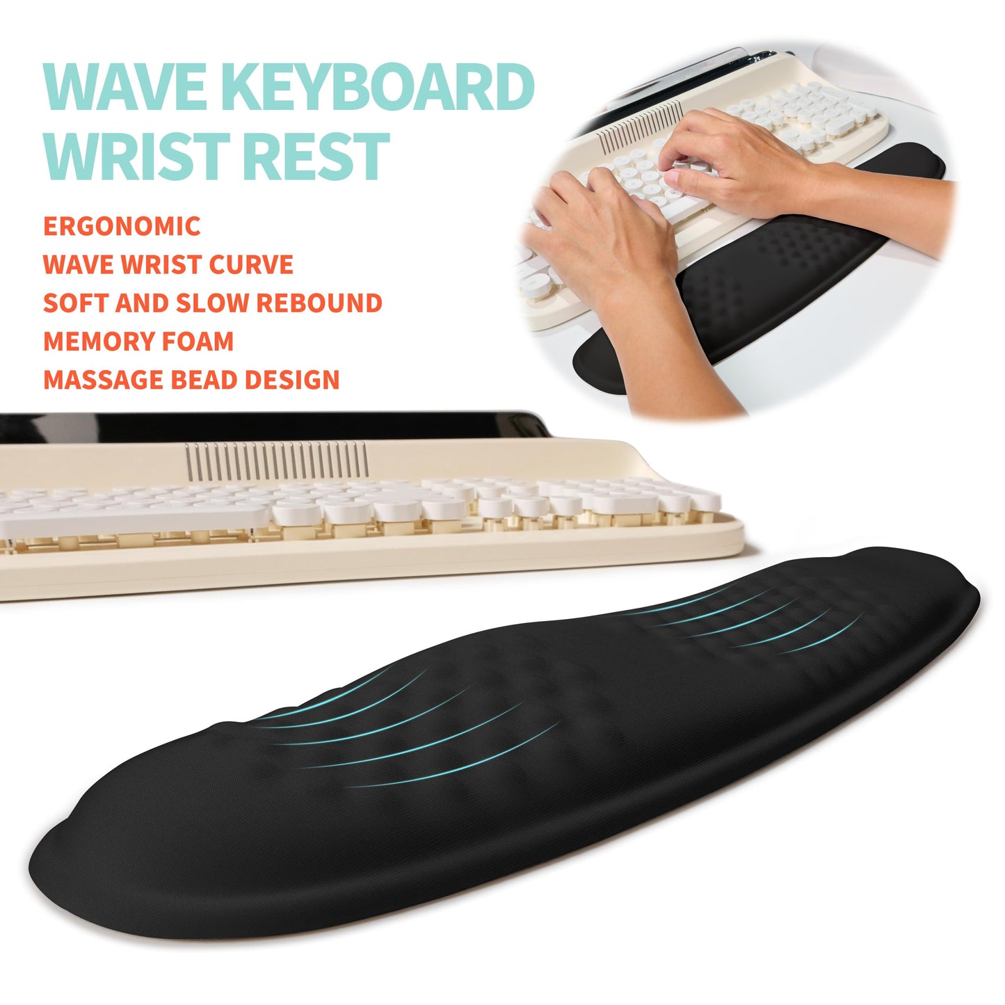 KUOSGM 2-in-1 Ergonomic Set, Wave Rise Keyboard Wrist Rest and Massage Bulge Slope Mouse Pad Wrist Support, Cushion Memory Foam Integrated to Relieve Wrist Pain, Black