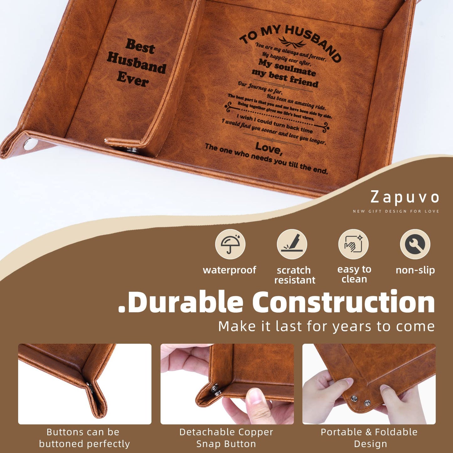 ZAPUVO Gifts for Husband Men Dad Fathers Day,Best Husband Ever PU Leather Valet Tray and Keychain, Anniversary for Men-Birthday Gifts Ideas for Him Boyfriend Who Has Everything from Wife