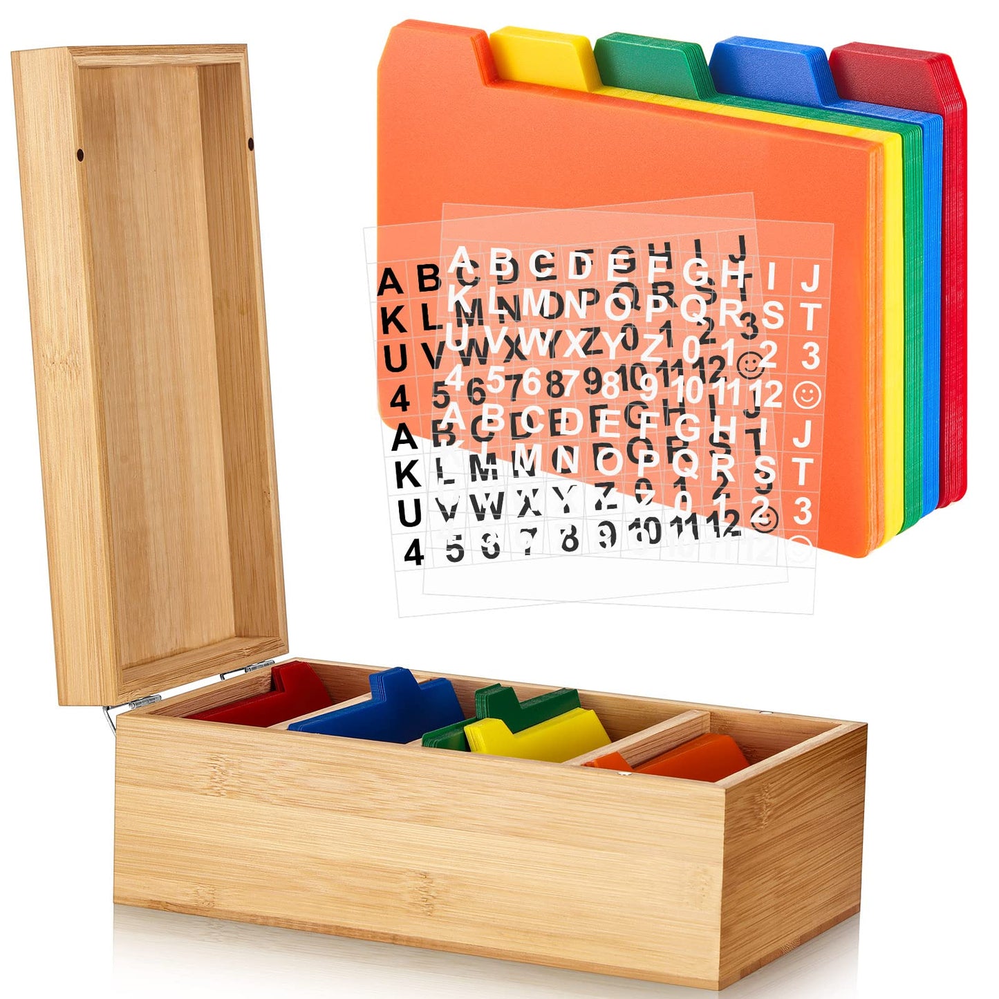 Henoyso 3 x 5 Inch Index Card Holder Set, Bamboo Organizer Box with 50 Dividers & 2 Sheets Alphabet Number Stickers File Note Holders, Holds 1200 Cards for Office Business Home Kitchen, Wooden Color
