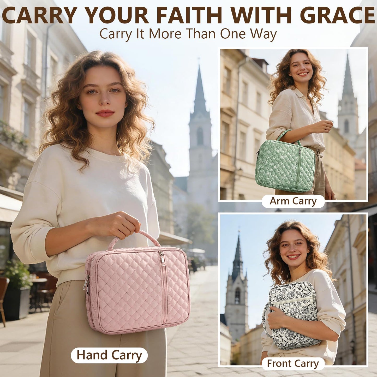 Bible Cover Case for Women Large Bible Bag, Bible Study Supplies Journaling Kit Quilted Church Bag with Handle, Puffer Book Carrying Case w/Tabs Accessories Mothers Day Christian Gifts for Women Mom
