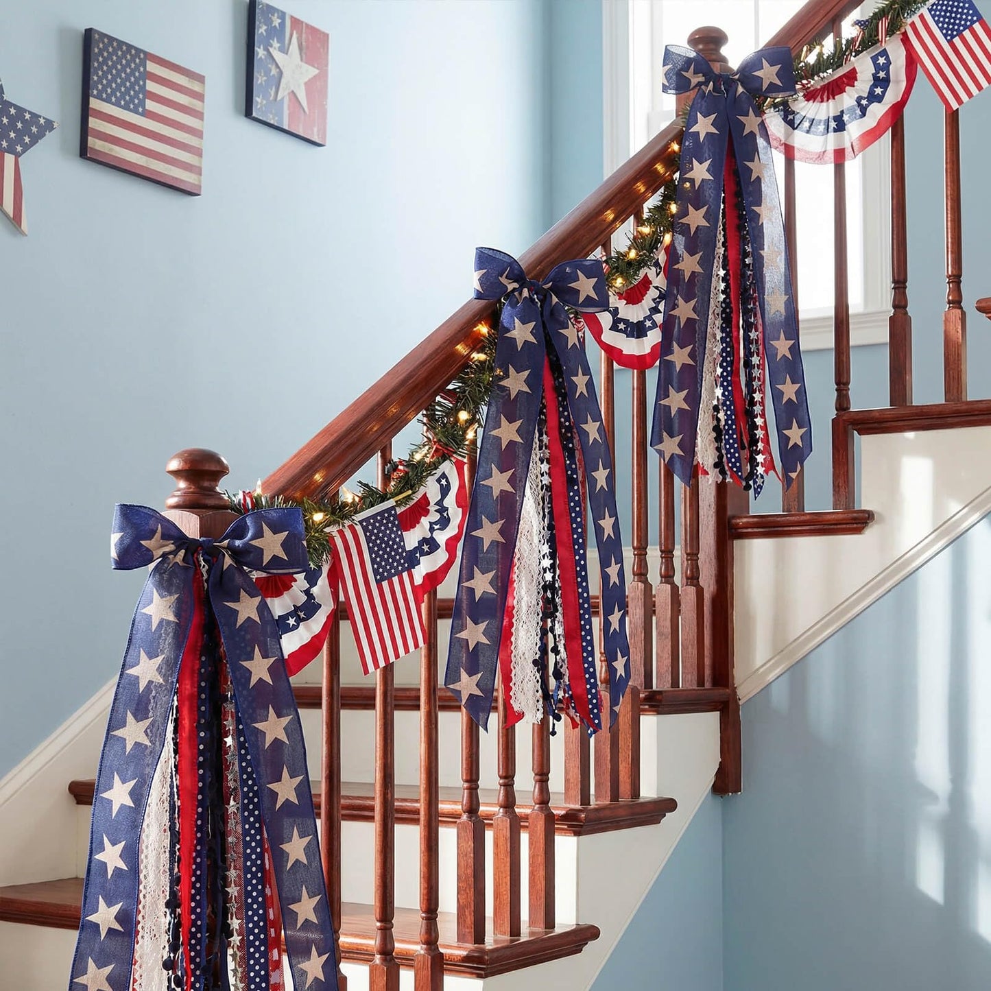Kutyndrix Large Patriotic Front Door Wreath Sash, 8-Ribbon Americana Star Bow with Metal Clip, Wired Edge Red White Blue Decor for Independence Memorial Day