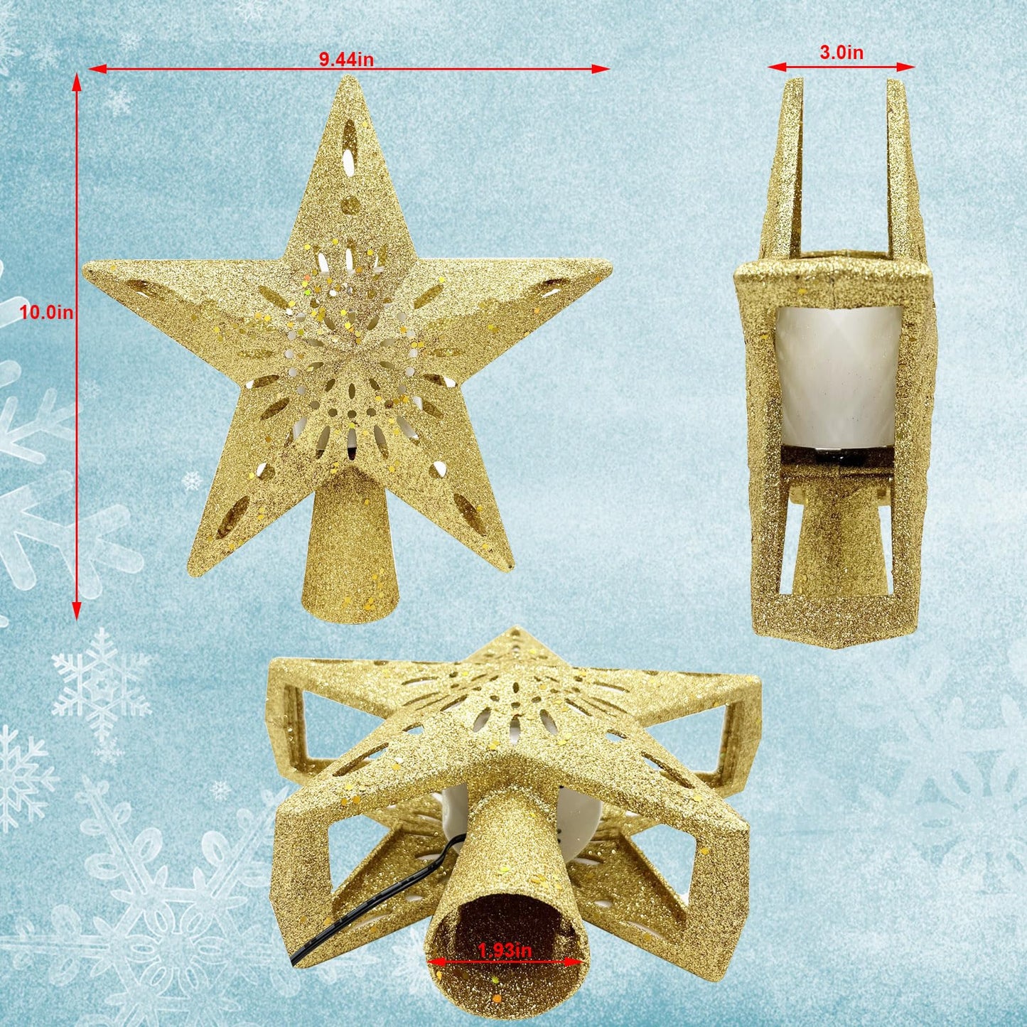10" Christmas Tree Topper Star Lighted with 6 Projection Modes, Light Up Christmas Tree Topper Built-in LED Rotation Light, 3D Glitter Dynamic Projector Tree Top for Xmas Party Decorations Gift