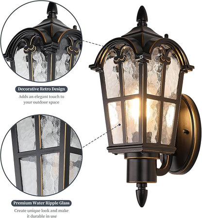 Outdoor Wall Light Fixtures, Black & Gold Exterior Waterproof Porch Lights, Vintage Outside Wall Sconces with Water Ripple Glass for House Front Door Garage, 2 Pack