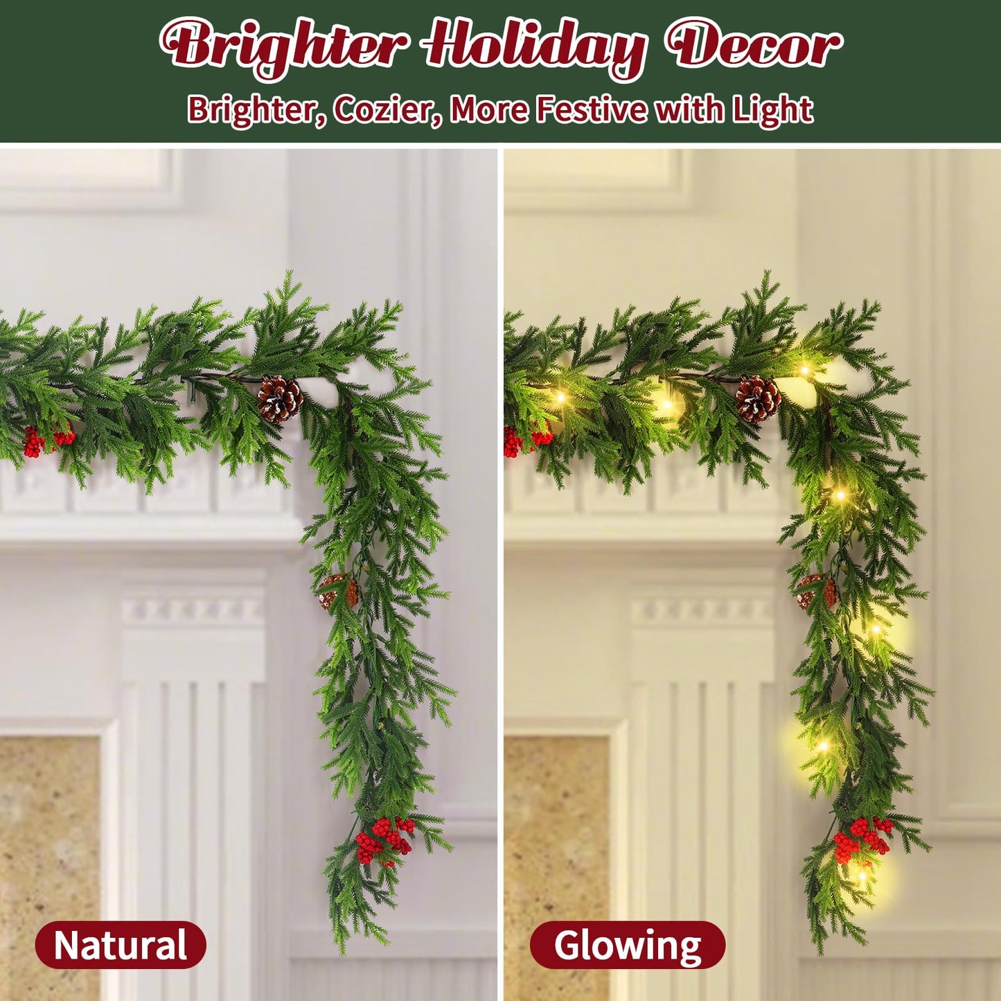 6FT Prelit Christmas Garland with Lights, Realistic Cedar Garland with Red Berries Pine Cone Artificial Real Touch Greenery Lighted Xmas Garland for Mantle Stair Railing Fireplace Decorations