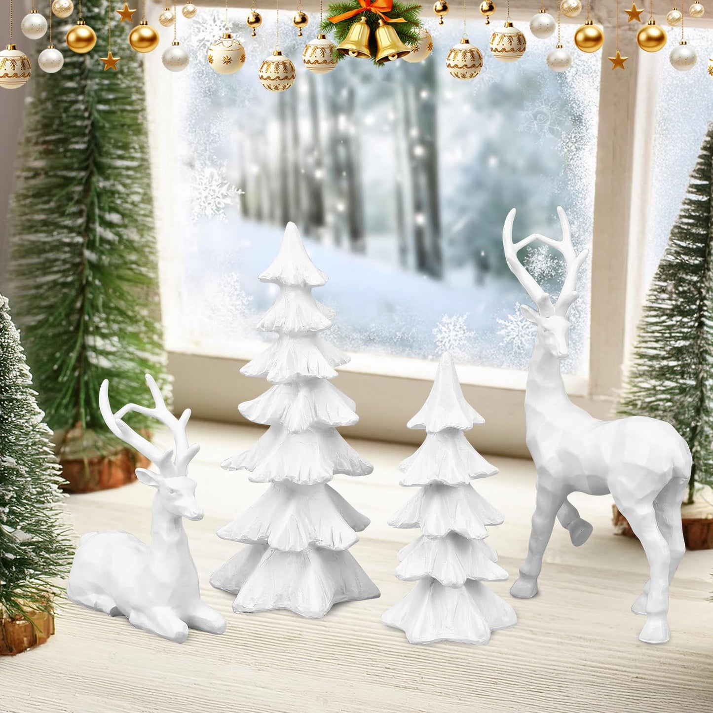 2 Pcs Christmas Tree Figurines and 2 Pcs Christmas Reindeer Figurines, White Tabletop Christmas Decorations Resin Christmas Tree and Elk Statues for Table Centerpieces Desk Shelf Fireplace Decor