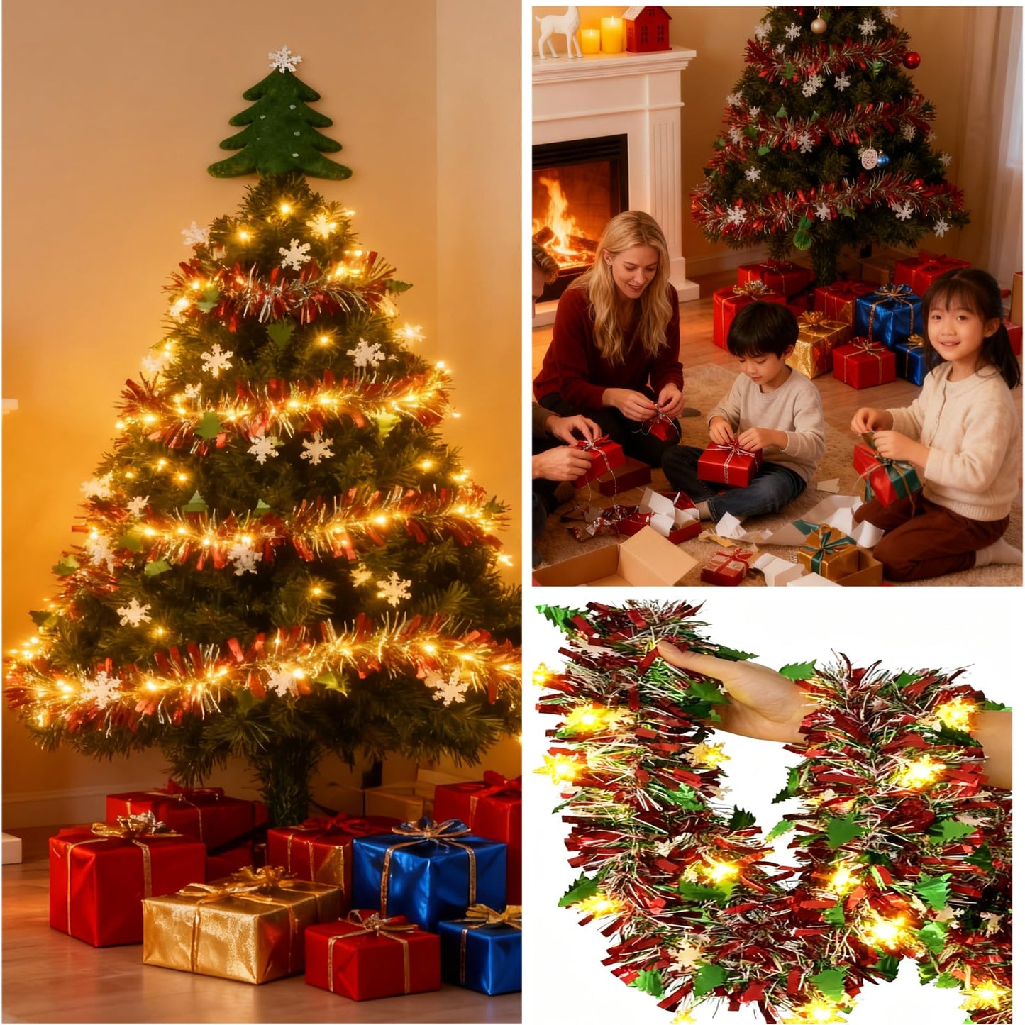 LKBBC Christmas Tinsel Garland with Light, 50 FT Metallic Tinsel Twist Garland Shiny Hanging Decor for Home Window Fireplace Indoor Outdoor, Xmas Ornaments Christmas Tree Decoration,White