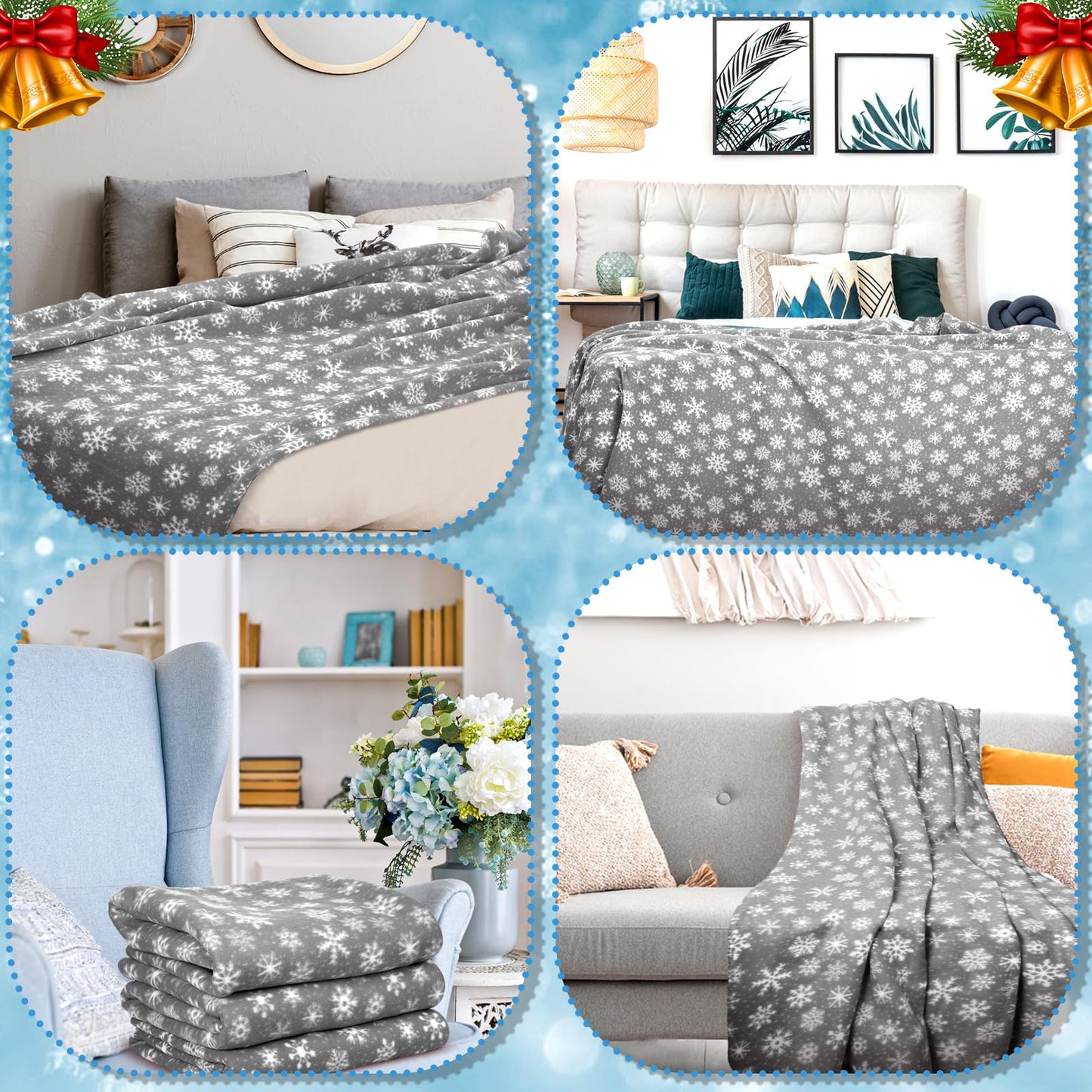 Moukeren 24 Pcs Christmas Snowflake Throw Blanket Bulk, 59 x 47 Inch Xmas Winter Throw Blanket Christmas Warm Soft Cozy Fleece for Home Bedding Couch Chair Gift (Gray)