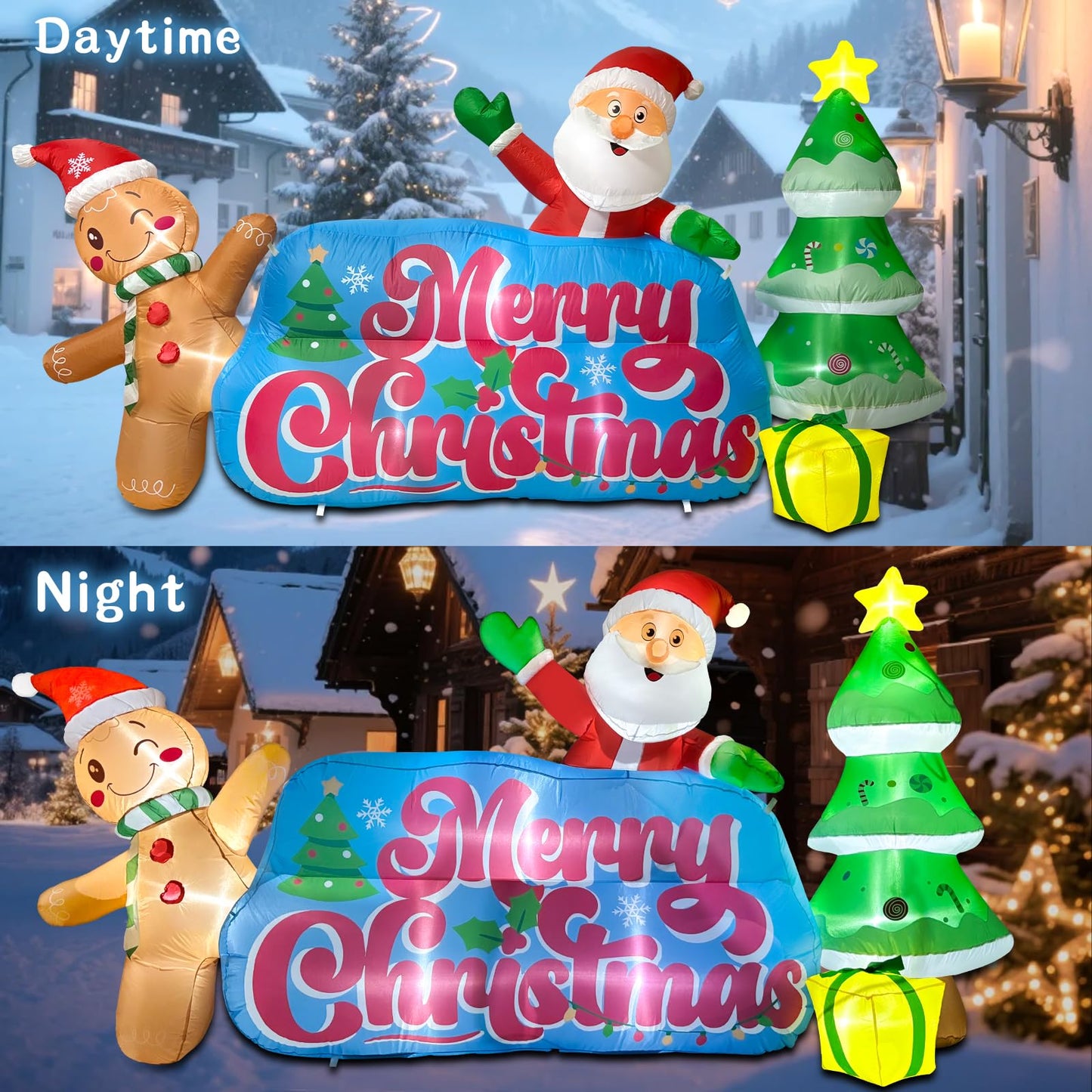 OILCUP 9.2 FT Inflatables Merry Christmas Banner with Santa, Gingerbread Man & Christmas Tree, Blow Ups Outdoor Inflatables Sign with Build-in LEDs for Lawn Yard Winter Holiday Xmas Party Decor