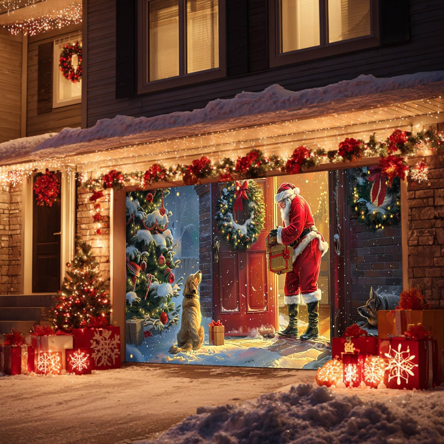 HOMETITUTE Christmas Garage Door Banner 13x6ft Santa with Dogs Gift Scene Holiday Porch Backdrop Red Green Warm Glow Winter Snow Party Decoration Indoor Outdoor Seasonal TreeWall