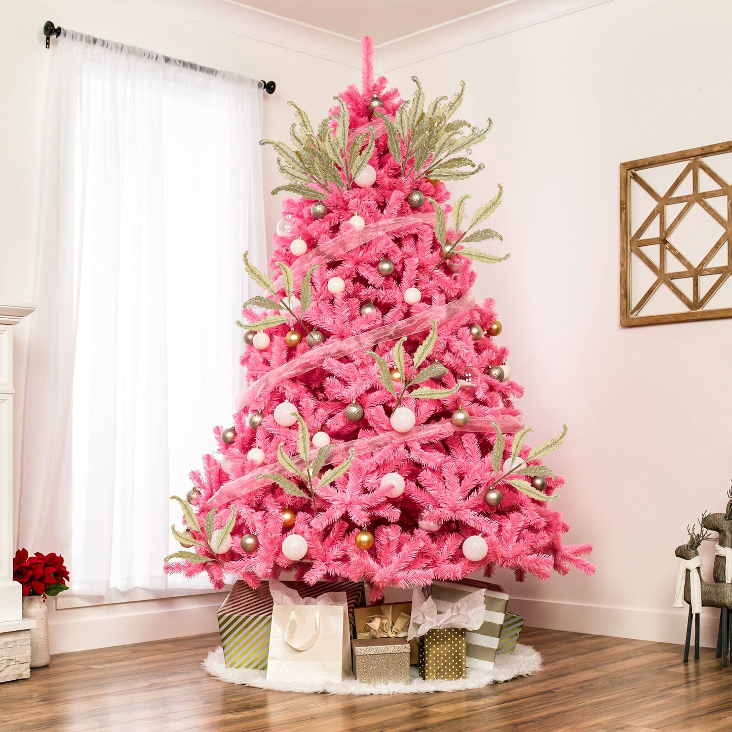 GnFlus 3 Pcs Christmas Glitter Leaves Large 27 Inch Artificial Glittered Leaf Picks and Spray Stems Ornament for Tree Wedding DIY Xmas Wreath Garland Floral Arrangement Home Decor - Gold