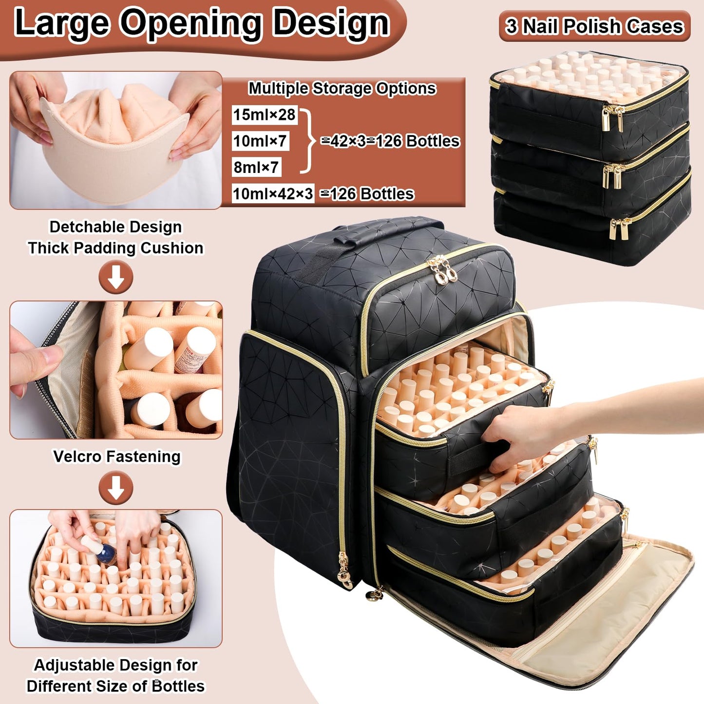 ahzske Nail Polish Organizer Backpack Holds 126 Bottles& Nail Lamp, Extra Large Nail Kit Supplies Organizer Bag with 3 Removable Cases, Portable Nail Organizers and Storage for Trave (Elegant Black)