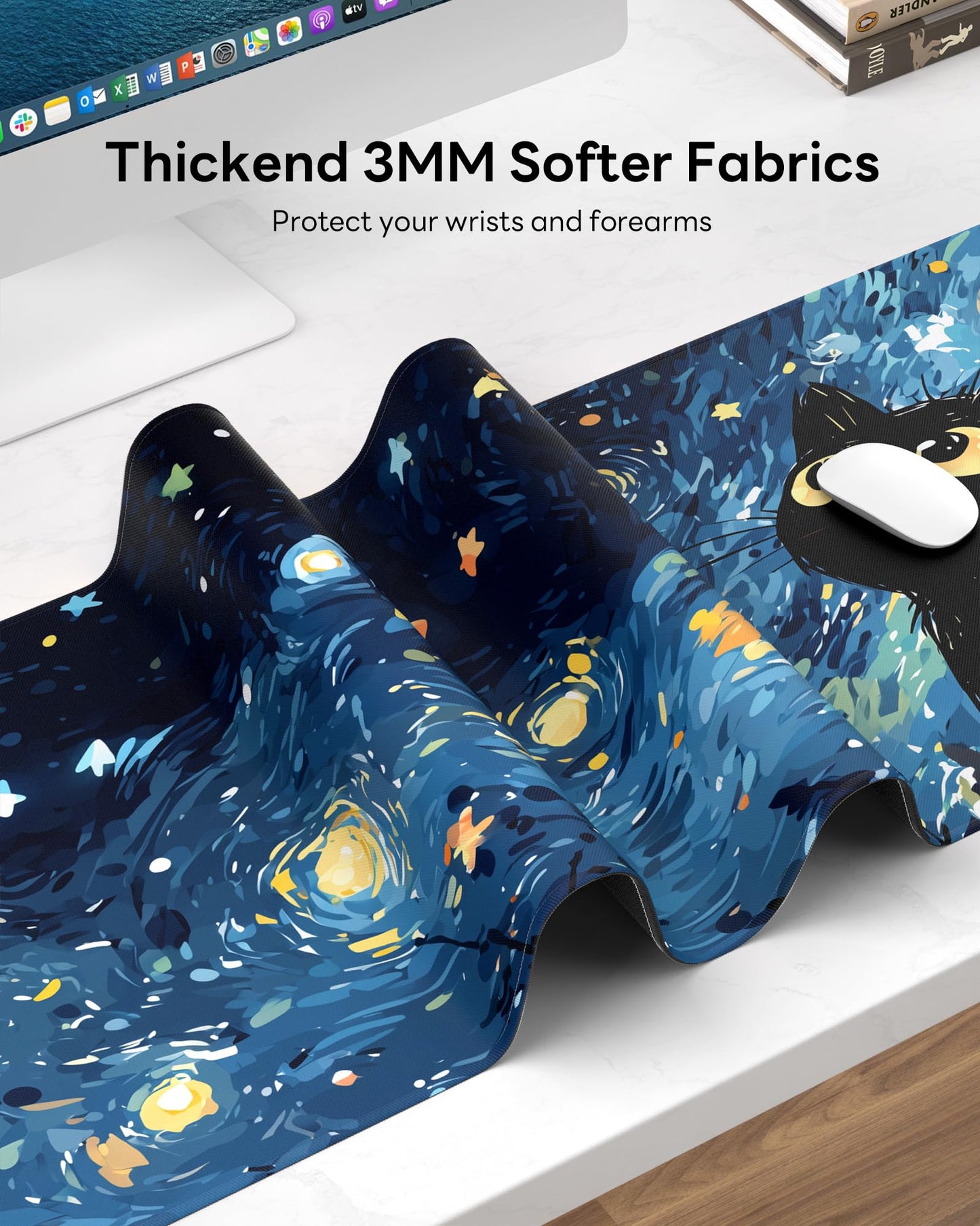 Velluxion Starry Night Cat Mouse Pad, 31.5 x 11.8 Large Desk Mat with Stitched Edges & Non-Slip Base, Mousepad for Office, Home, Work