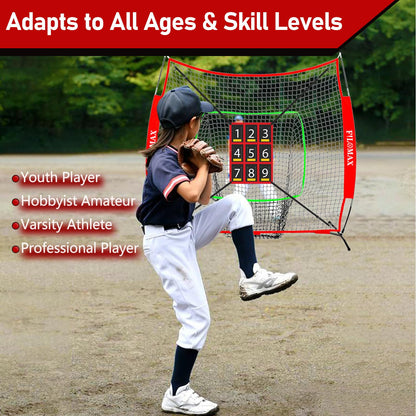 FILOMAX 7x7 ft Baseball & Softball Practice Net with 9 Numbered Strike Zone | PRO Training Net for Hitting, Pitching & Batting | with Carry Bag, Bow Frame for All Ages & Skills