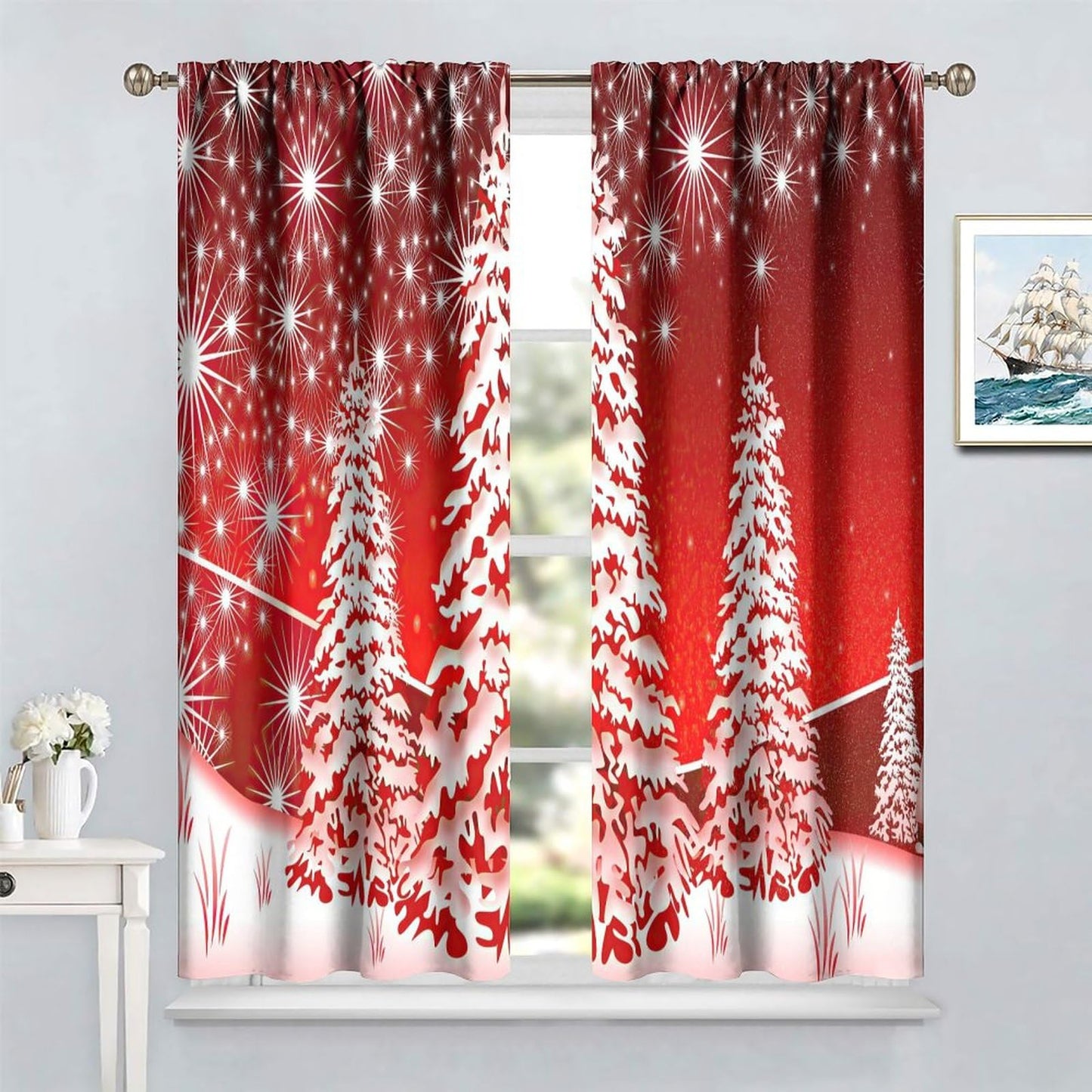 ICMOLYYENLO Christmas Curtains Santa Reindeer Sleigh Christmas Winter Decorative Curtains W42x45 Inch for Kitchen Bedroom Living Room Children's Room Decorative Curtains 2 Piece Set