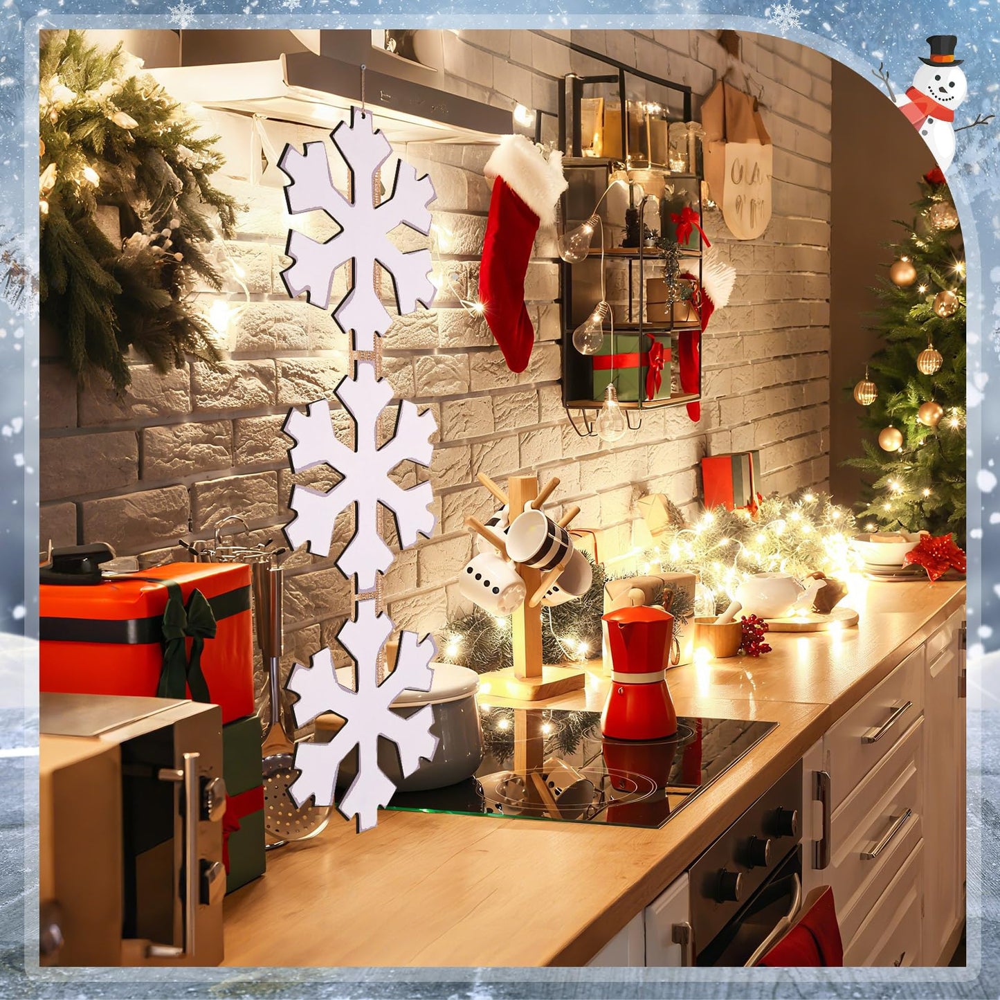 RattanView Winter Snowflake Hanging Door Sign Winter Rustic White Snowflake Wooden Hanging Sign Wreath Plaque Decorations for Front Door Porch Home Decor