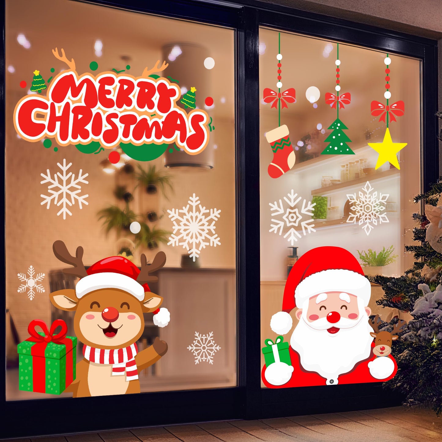 T&W SAME FILM Christmas Window Clings Stickers for Glass, Window, Car Decor, Xmas Decals Decorations Holiday Snowflake Santa Claus Reindeer Decals for Party, Reusable, 6 Sheets