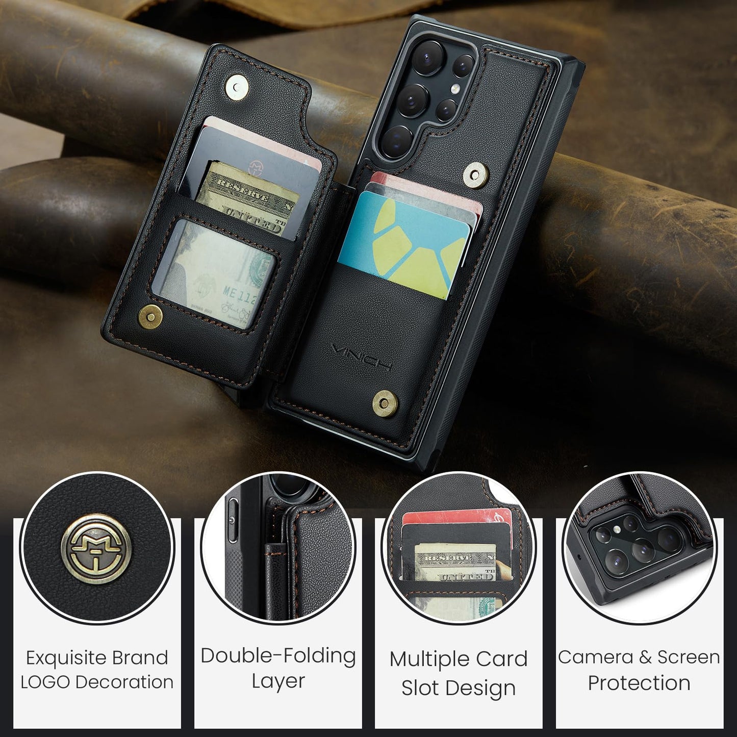 Vinich for Samsung Galaxy S22 Ultra Wallet Case with Card Holder, RFID Blocking Credit Slots Kickstand Shockproof Phone Cover Fit for Galaxy S22 Ultra 6.8" Black