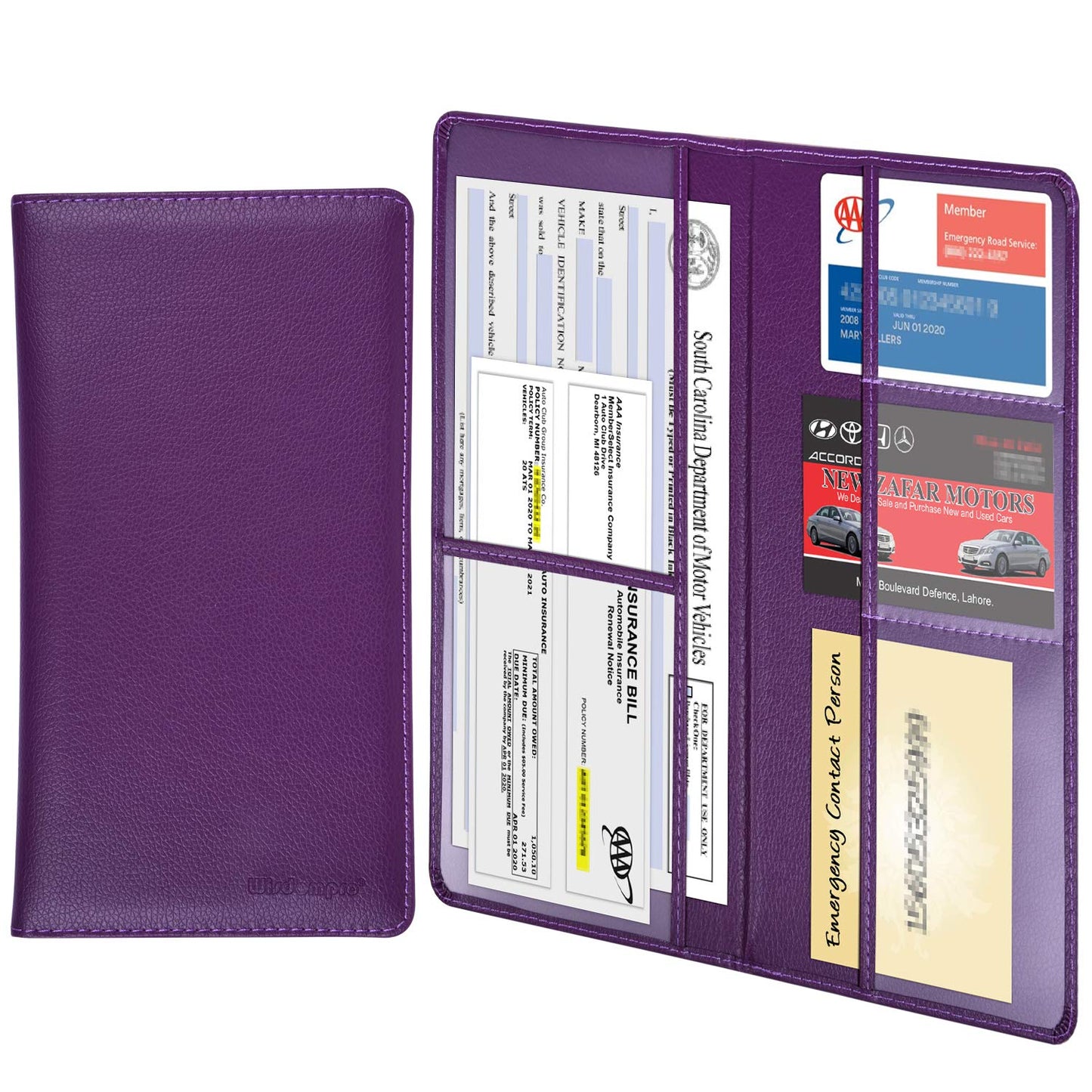 Wisdompro Car Registration and Insurance Holder - Premium PU Leather Vehicle Glove Box Organizer Wallet for Document, License, Card and Other Essentials (Purple)