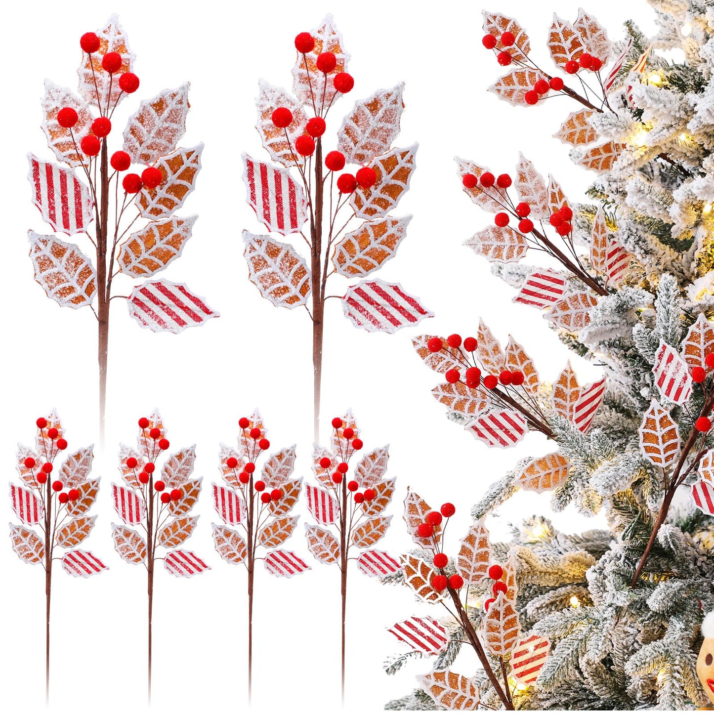 Sosation 6 Pcs 17 Inch Gingerbread Christmas Decorations Gingerbread Tree Topper Picks and Leaf Spray with Red Berries Brown Christmas Tree Picks with Snowflakes for Holiday Wreath Decor Topper Home