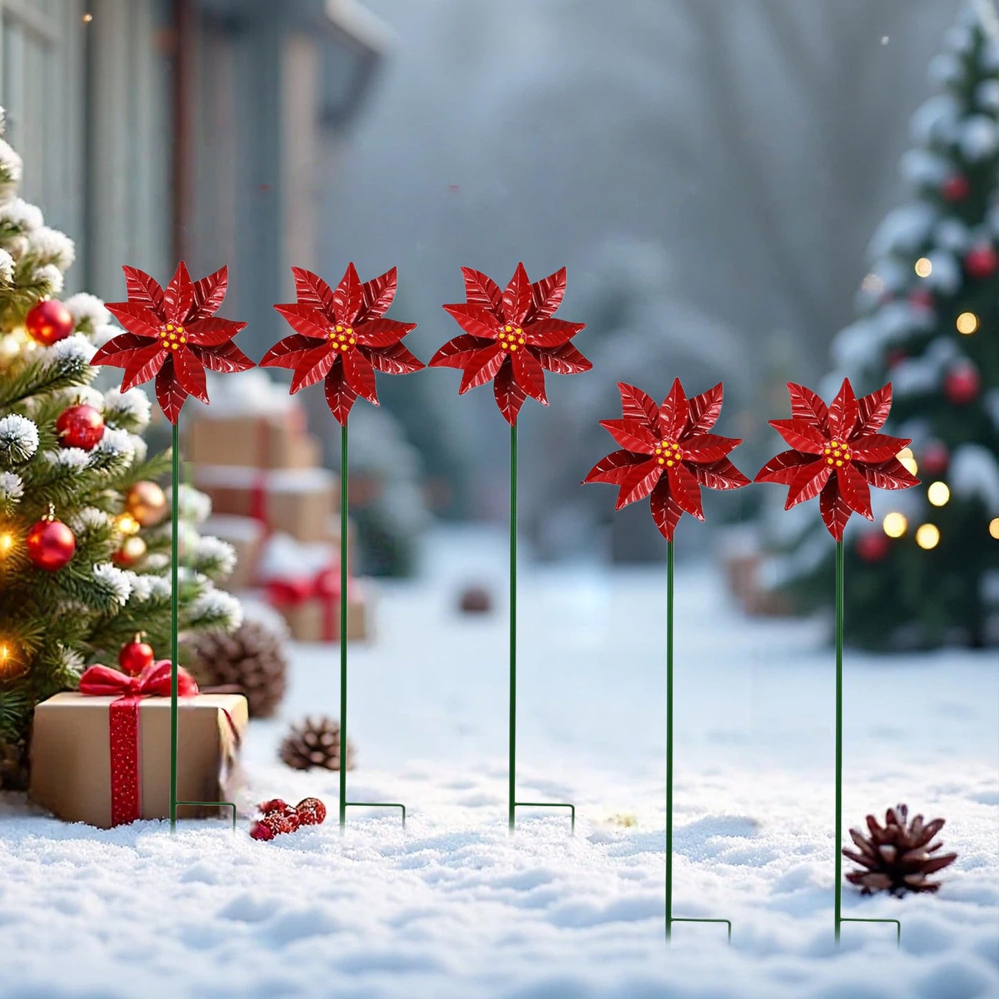 Metal Flower Wind Spinner Garden Lawn Stakes Yard Art, 27 Inch Poinsettia Windmill Iron Handicraft Lawn Decorations, 5 Pieces Christmas Star Stake, Metal Yard Art Outdoor Mother's Day Decoration Gift