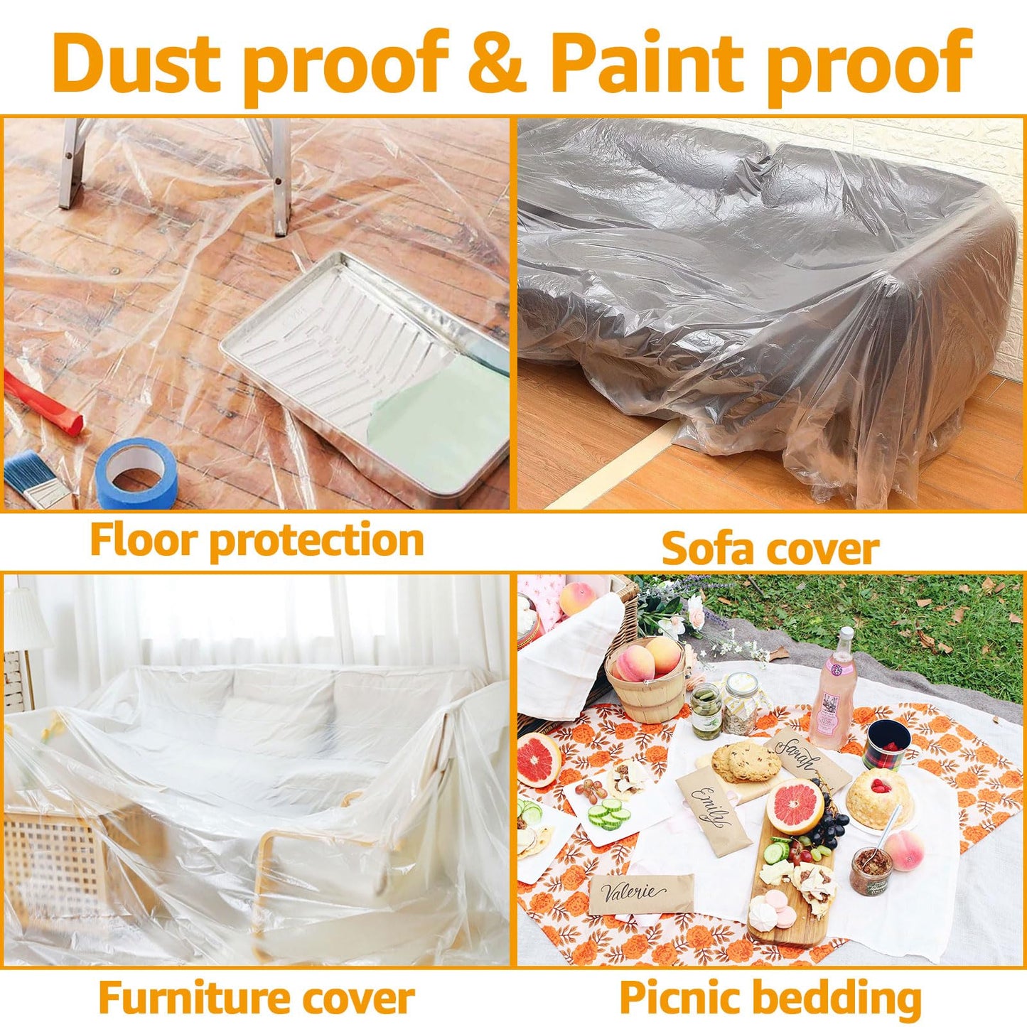 LOYORTY 4 Rolls 8.8 x 65 Feet Painters Plastic Sheeting, Pre-Taped Masking Film, Clear Drop Cloth for Painting, Automotive Covering and Appliance Protection