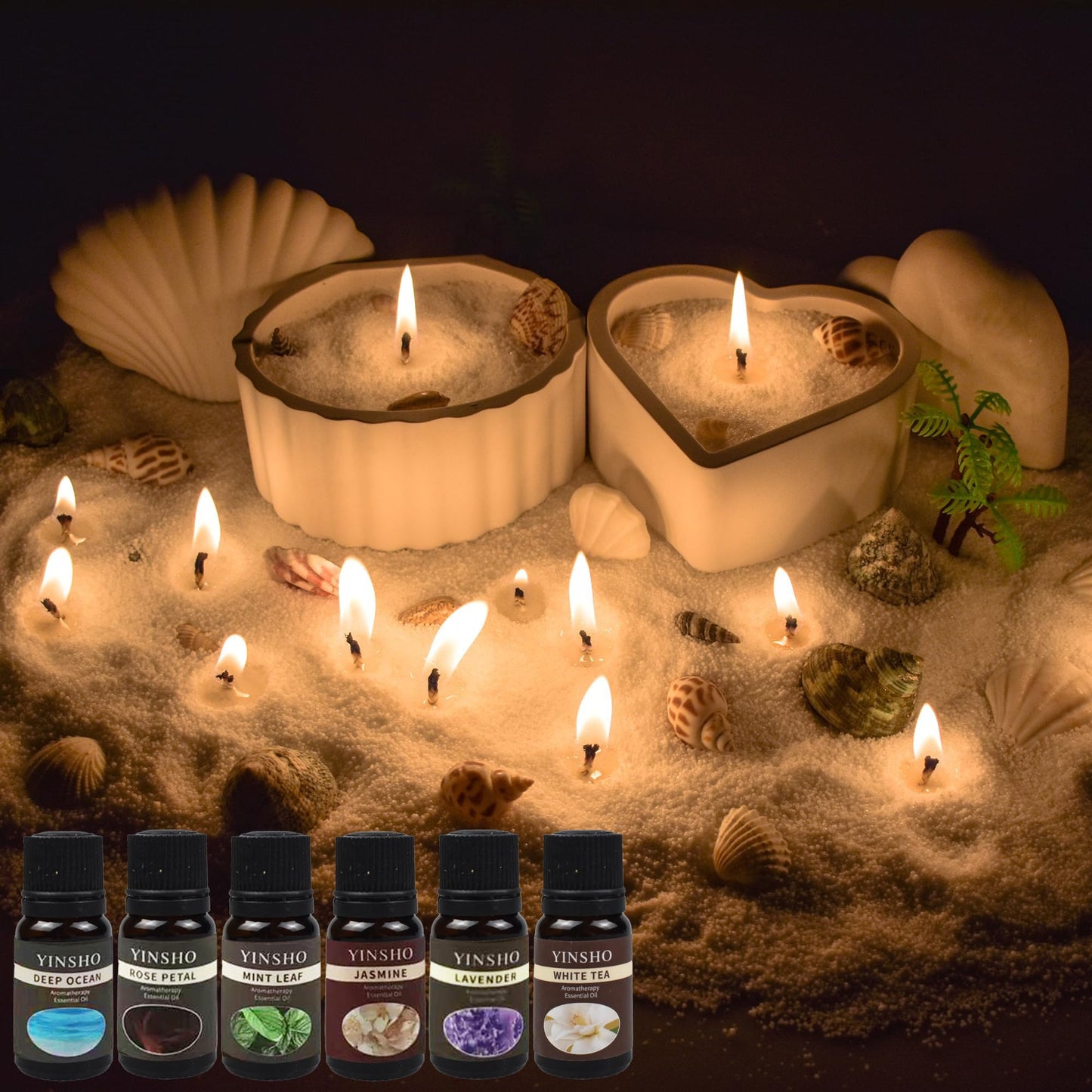 Pansyling 35oz Pearled Candle Wax Sand Crafting Set for Beginner,All-in-One Scented Candle Making Kits with 6 Essential Oils,2 Plaster Containers,50 Wicks & Seashells,DIY Powder Candles(White)