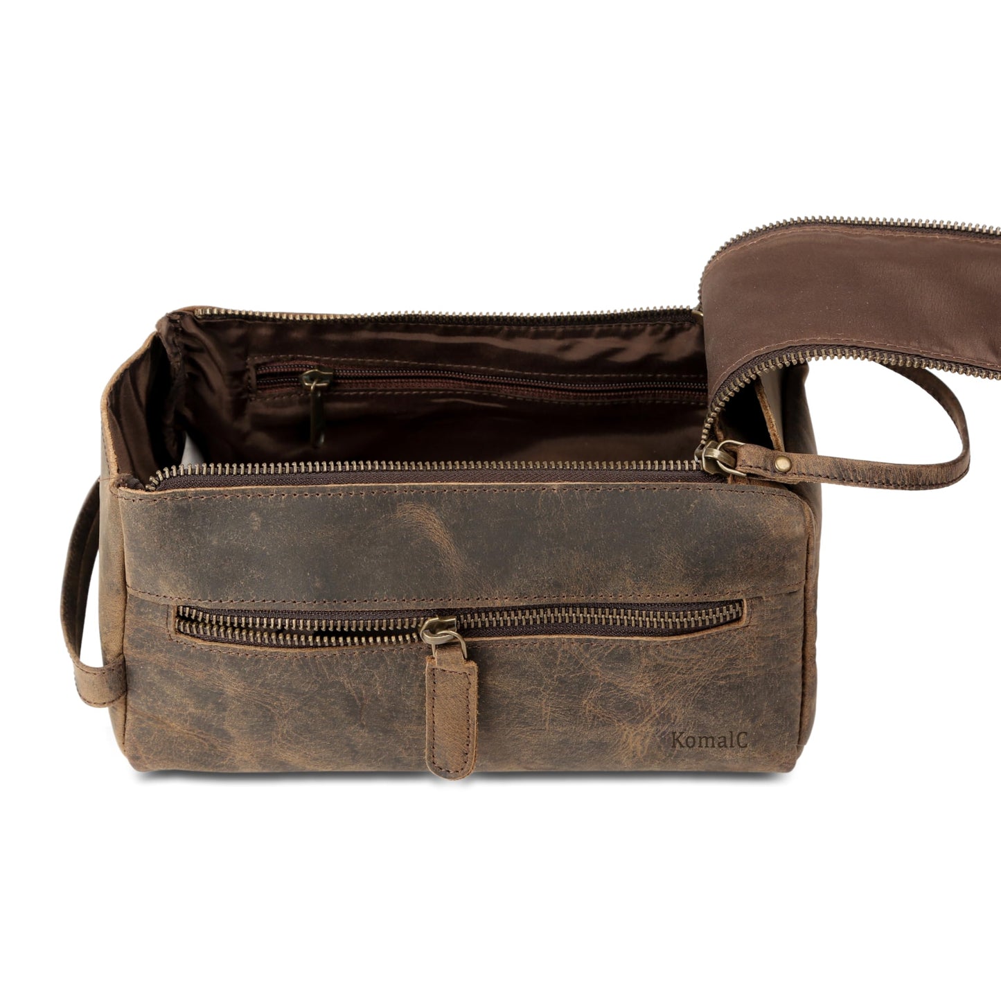 KomalC Premium Buffalo Leather Toiletry Bag for Men & Women – Leather Shaving Kit With Water resistant Lining, Premium Toiletry Travel Pouch, Unisex Wash Bag for Toiletries, Gifts for Men and Women