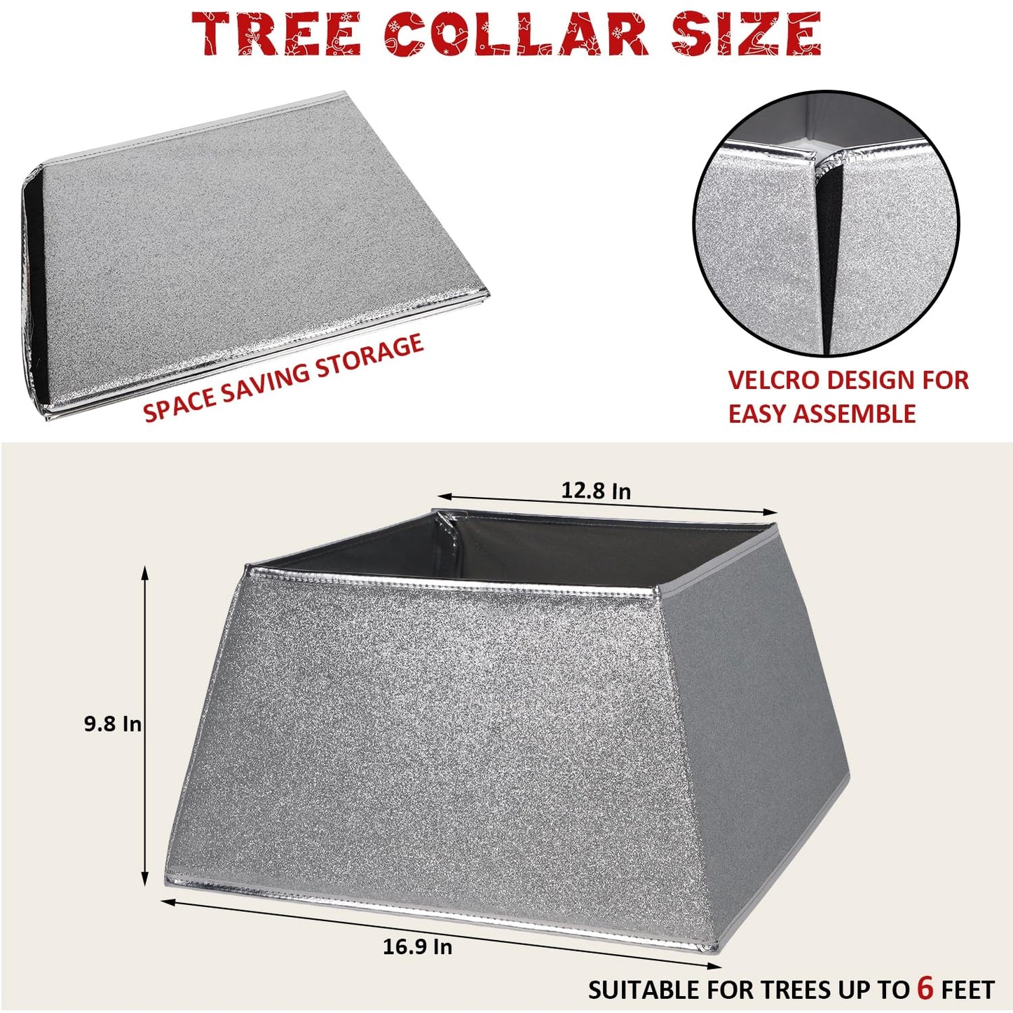 Blissun Fabric Christmas Collar, Square Christmas Ring, Glittering Willow Skirt for Tree Decorations (Glitter Silver)