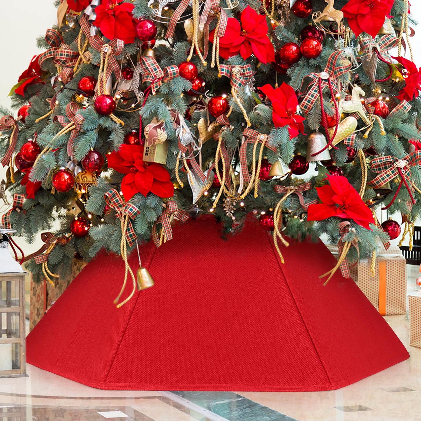 Christmas Tree Collar Red Hexagon Folable Christmas Ring Tree Skirt for Artificial Trees Base Stand Cover Xmas Trees Decoration