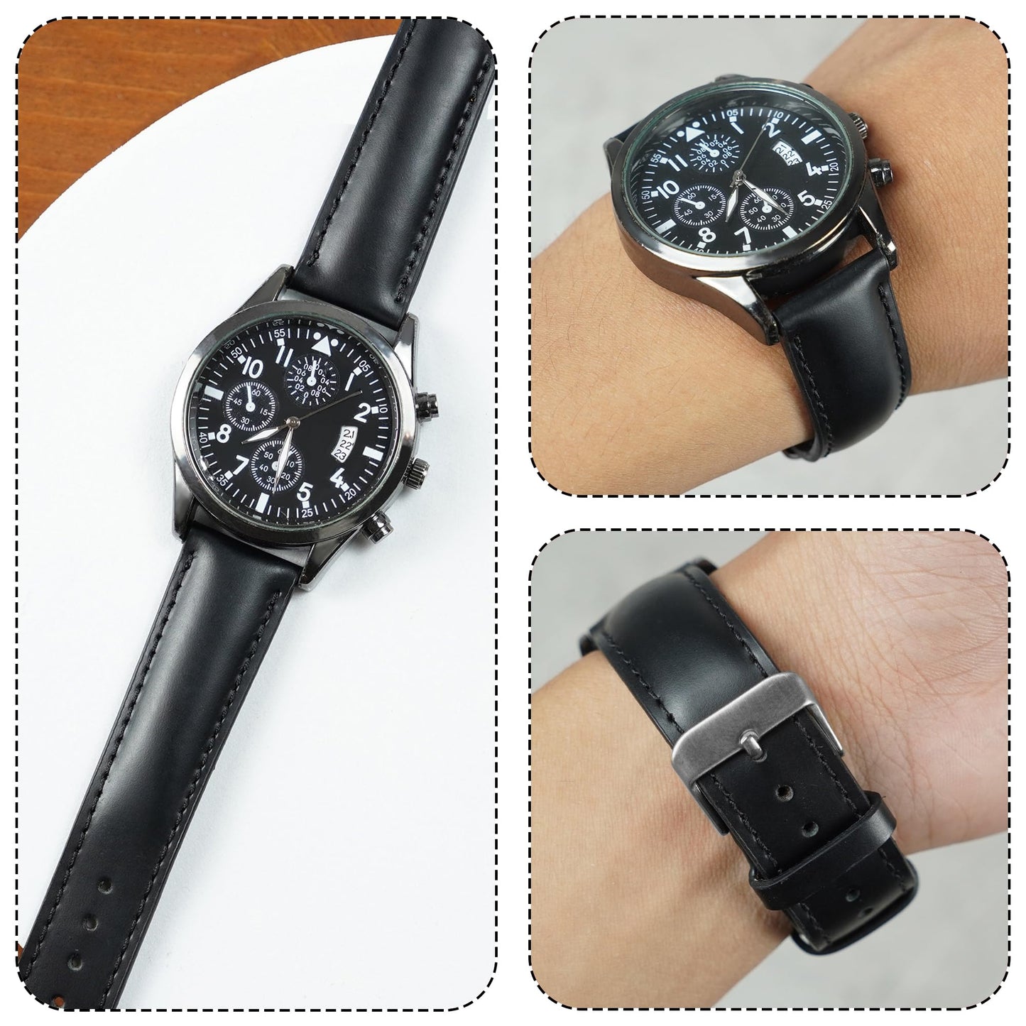 vinacreations 20mm Vintage Black Leather Watch Band Men Quick Release Replacement Strap Soft Handmade Wristband Stainless Steel Buckle, Christmas Fathers Day Gift for Dad Son Husband DH-201-20MM