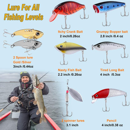 PLUSINNO 210pcs Fishing Lures Fishing Tackle Box Fishing Gifts for Men, Bass, Trout Fishing Accessories Kit for Saltwater & Freshwater Fishing Gear Including Topwater Lures, Hooks, Spinnerbaits