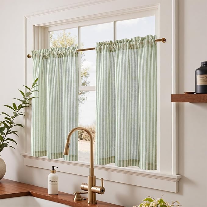 jinchan Linen Kitchen Curtains 36 Inch Length Striped Tier Curtains Ticking Stripe Small Drapes for Living Room Bathroom Cafe Small Window Farmhouse Rustic Pinstripe Rod Pocket 2 Panels Sage Green