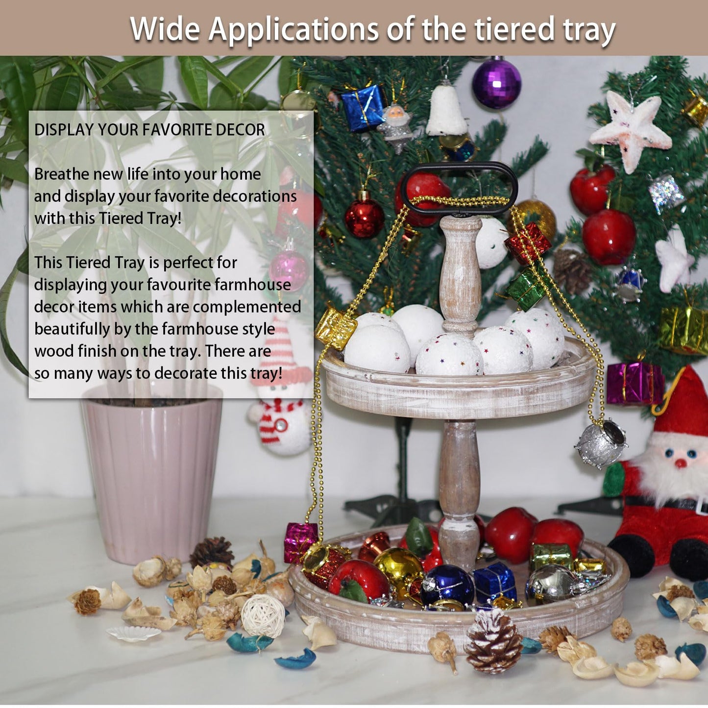 Krismax Decorative Trays - Two Tiered Tray Stand Rustic Decor Farmhouse 2 Tiered Tray Serving Tray Seasonal & Holiday Decoration Wooden Tray
