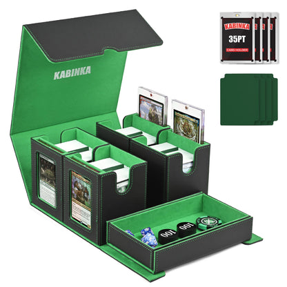 Kabinka Card Deck Box for MTG Commander, Holds 400+ Double-Sleeved Cards, 5 IN 1 Detachable Card Case with Dice Tray, Fits Magic/TCG Cards, 4 Magnetic Card Holders & Dividers (Black Green)