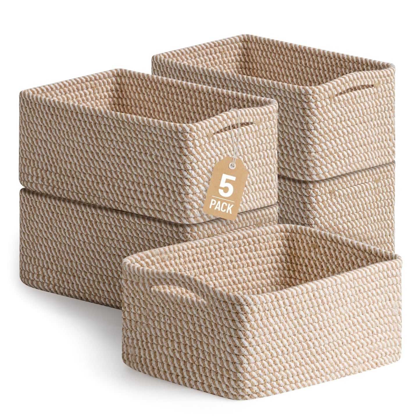 5 Pack Decorative Small Storage Baskets for Shelves, Cotton Rope Woven Basket for Organizing Bathroom, Nursery, Closet, Cabinet, Toys & Socks, Gift Baskets Empty, 11.8"x7.9"x4.7", Khaki