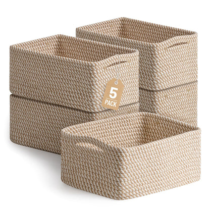 5 Pack Decorative Small Storage Baskets for Shelves, Cotton Rope Woven Basket for Organizing Bathroom, Nursery, Closet, Cabinet, Toys & Socks, Gift Baskets Empty, 11.8"x7.9"x4.7", Khaki