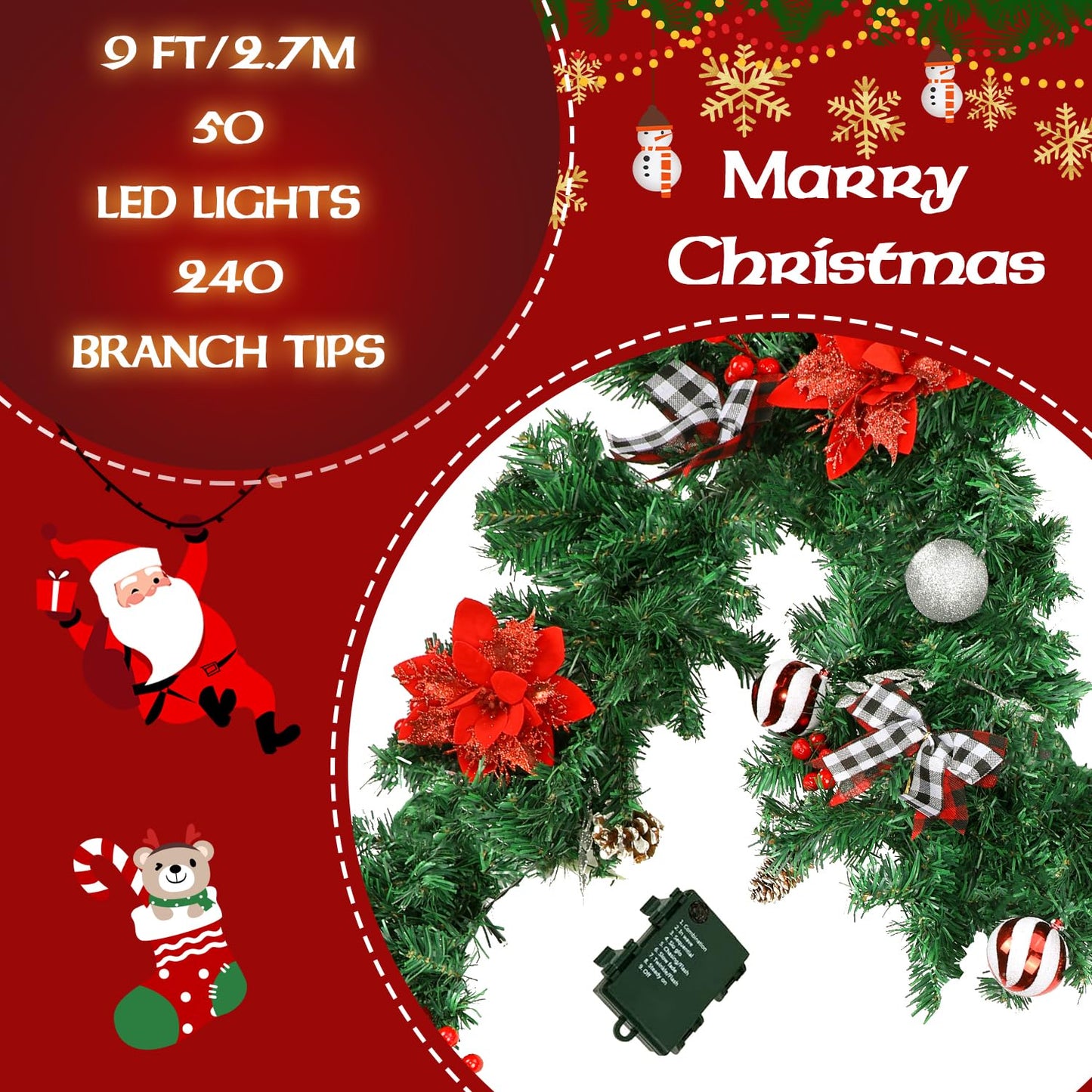 Christmas Garland with Lights,Pre-lit 9ft Christmas Decorations with 50 LED Lights,with Waterproof Battery Box,Indoor&Outdoor Use,for Stairs Fireplace Front Door Porch Home (Battery NOT Include)