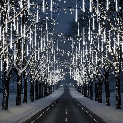 Adecorty Christmas Lights Outdoor, Meteor Shower Light 8 Tubes 192LED UL Certified Snow Falling Rain Cascading Icicle Lights for Xmas Tree Christmas Decorations Outdoor Wedding Party Window, White