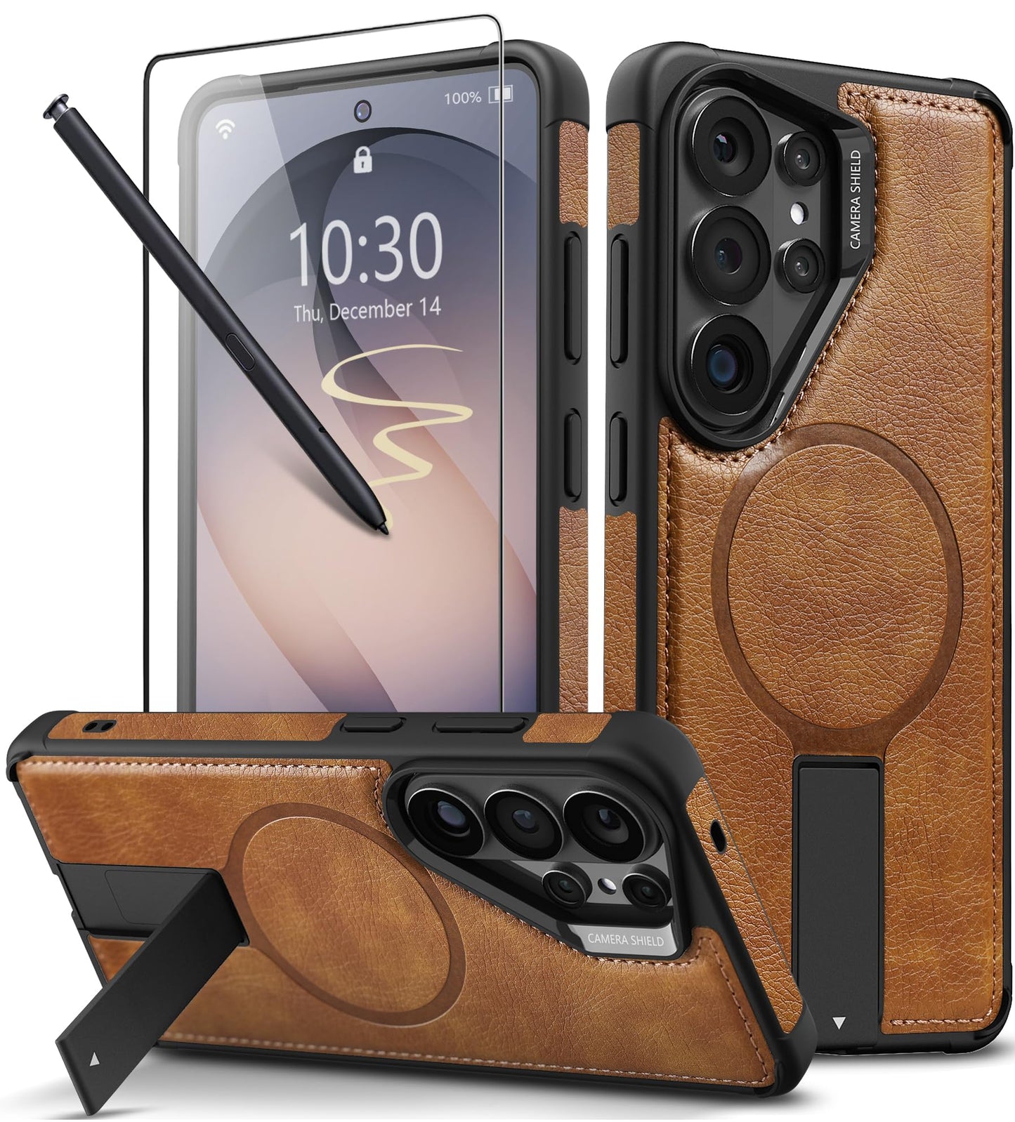VAUSERDY Strong Magnetic for Samsung Galaxy S26 Ultra Case Leather,[Compatible with MagSafe], Adjustable Kickstand, Shockproof Protective Cover for Samsung S26 Ultra (Brown)