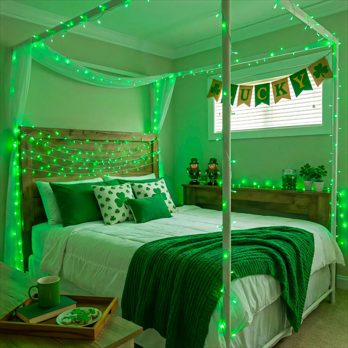 Vivideal 300 LED String Lights Indoor, 99ft Green St Patricks Day Lights for Bedroom Clear Wire 8 Modes, Waterproof Plug in Christmas Light with Timer Memory for Room Tree Party Decorations
