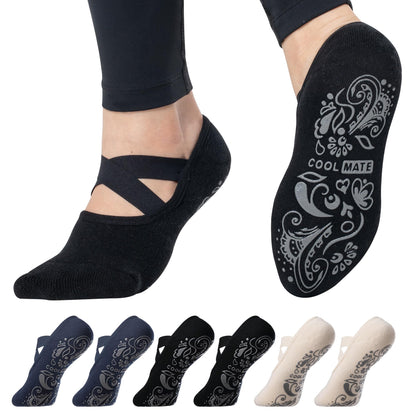 CoolMate Pilates Socks with Grips for Women, Yoga Socks, Crew Non Slip Women for Workout, Barre, Pilates Gifts (US, Numeric, 6, 10, Regular, Regular, 3 Pairs Barre Navy/Black/Beige)