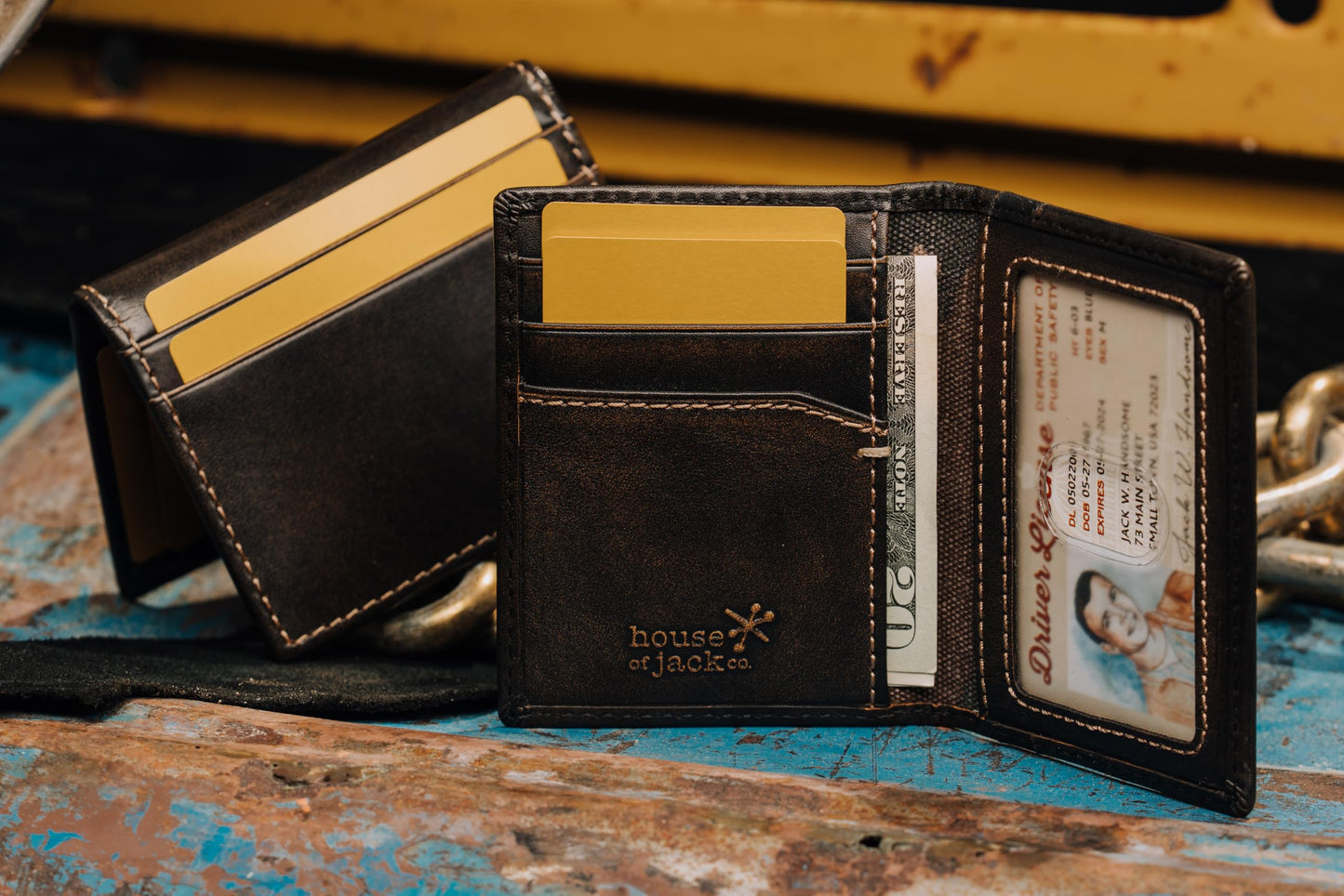 House of Jack Co. Skull Men's Slim Card Wallet, Minimalist Front Pocket Bifold Card Holder, Full Grain Leather, 6 Card Slots with ID Window, Embossed Skull, Gift for Men, Black