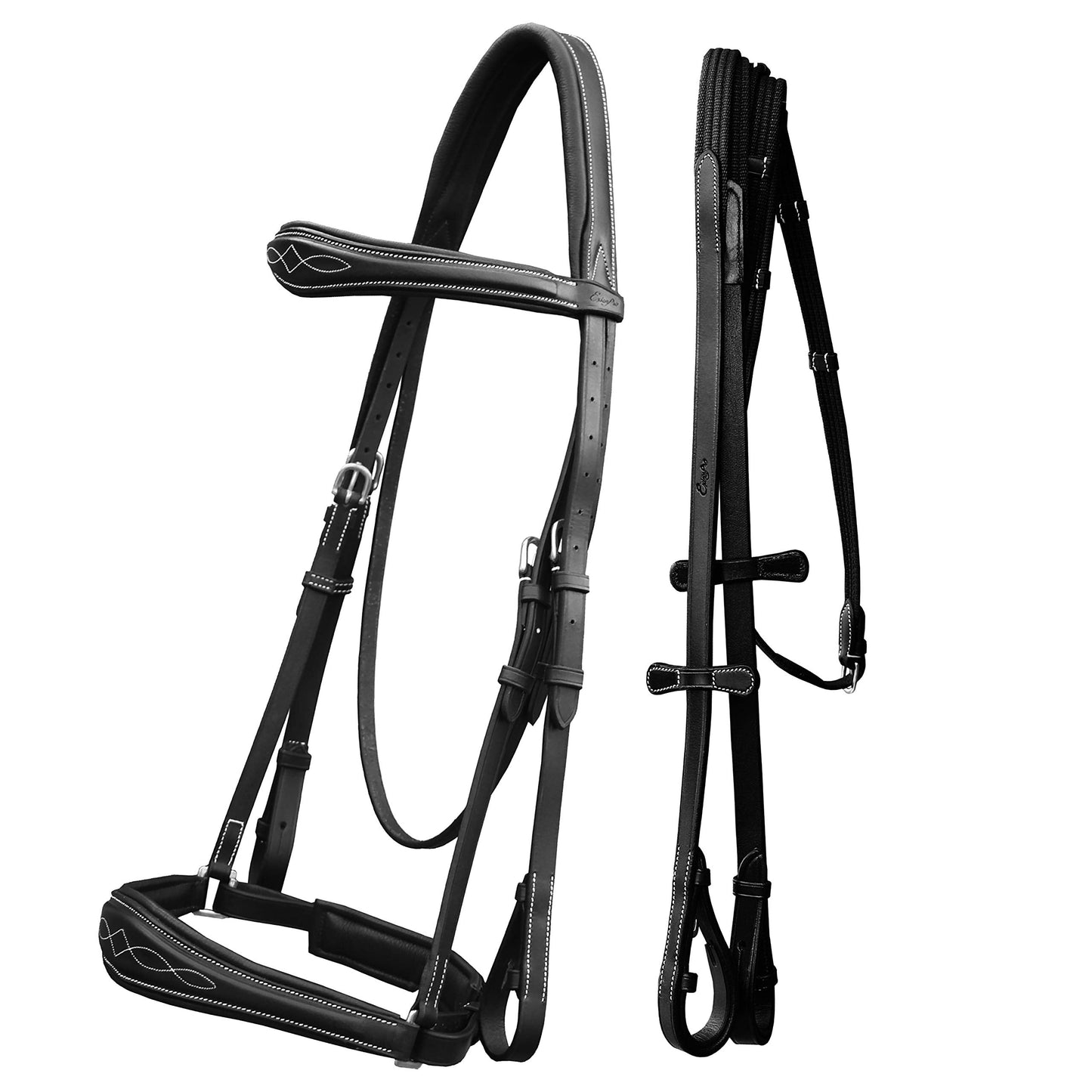 Exion Dressage Horse Bridle: Soft Lining, Anatomic Shape & Designer Stitching on Browband and Noseband Comes with Web Reins Equipped with a Hand-Stopper | Dressage Bridle for Horses