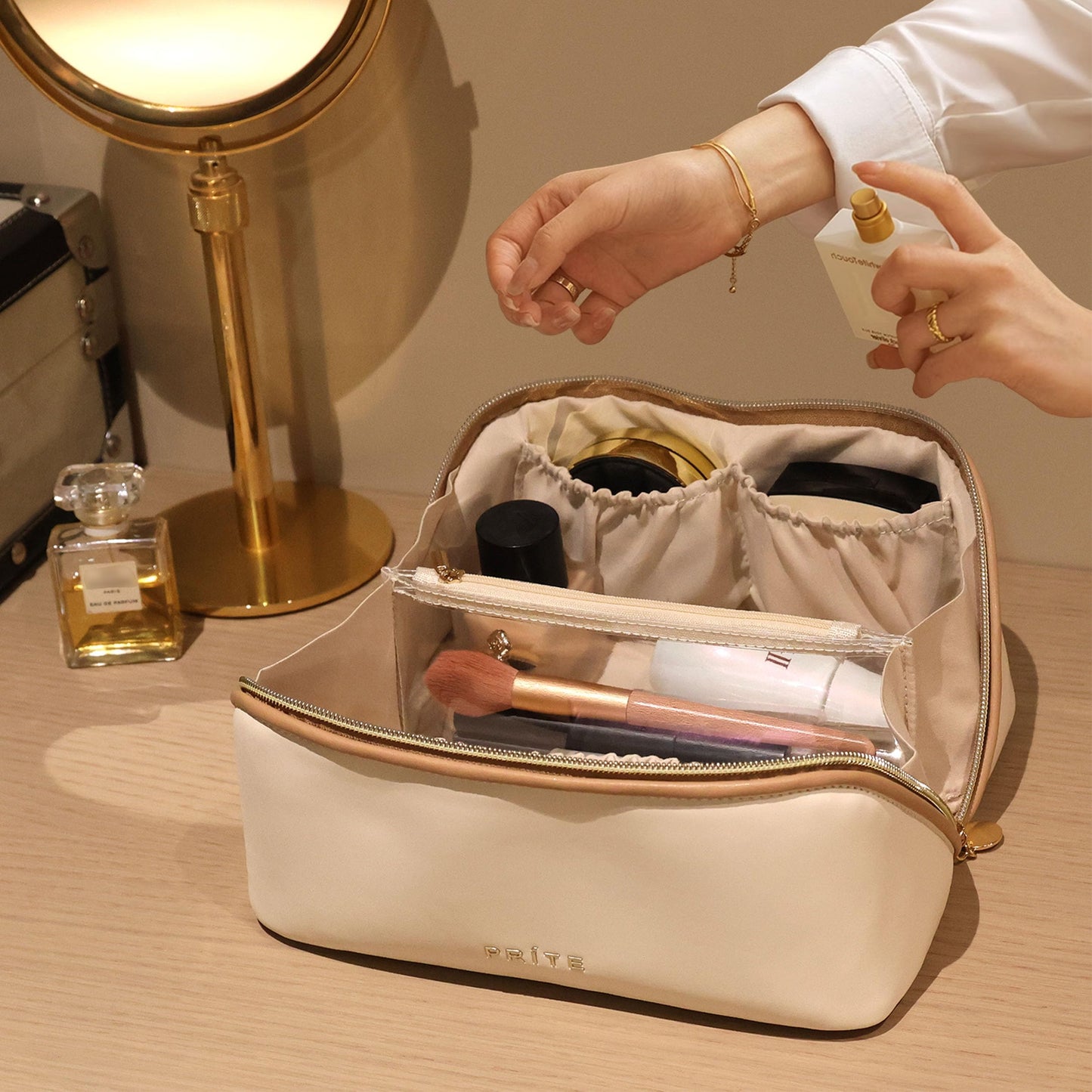 Prite Makeup Bag for Women Travel Waterproof Vegan Leather Cosmetic Bag Open Flat Toiletry Bag With Clear Divider and Handle (Beige, Medium)