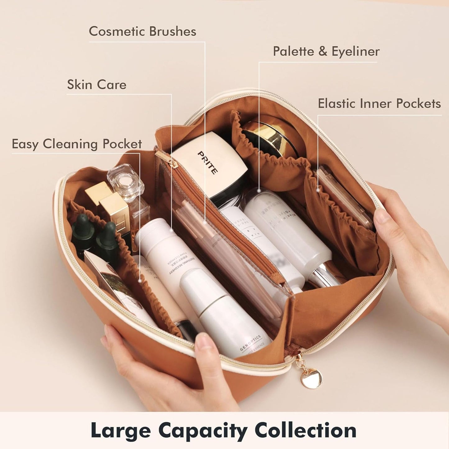 Prite Makeup Bag for Women Travel Waterproof Vegan Leather Cosmetic Bag Open Flat Toiletry Bag With Clear Divider and Handle (New Brown, Medium)
